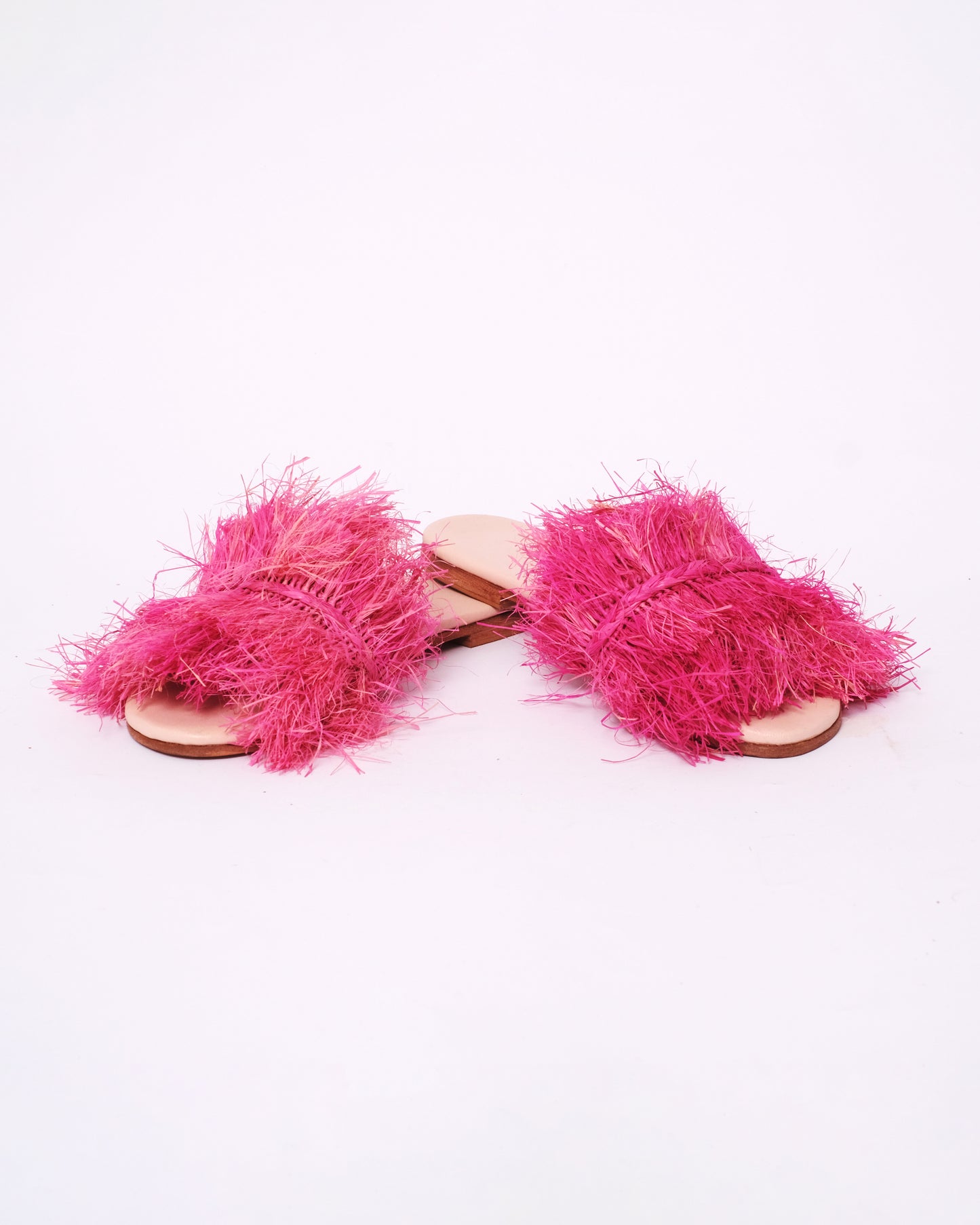 Women’s Pink Raffia Fringe Slides – Handmade in Morocco