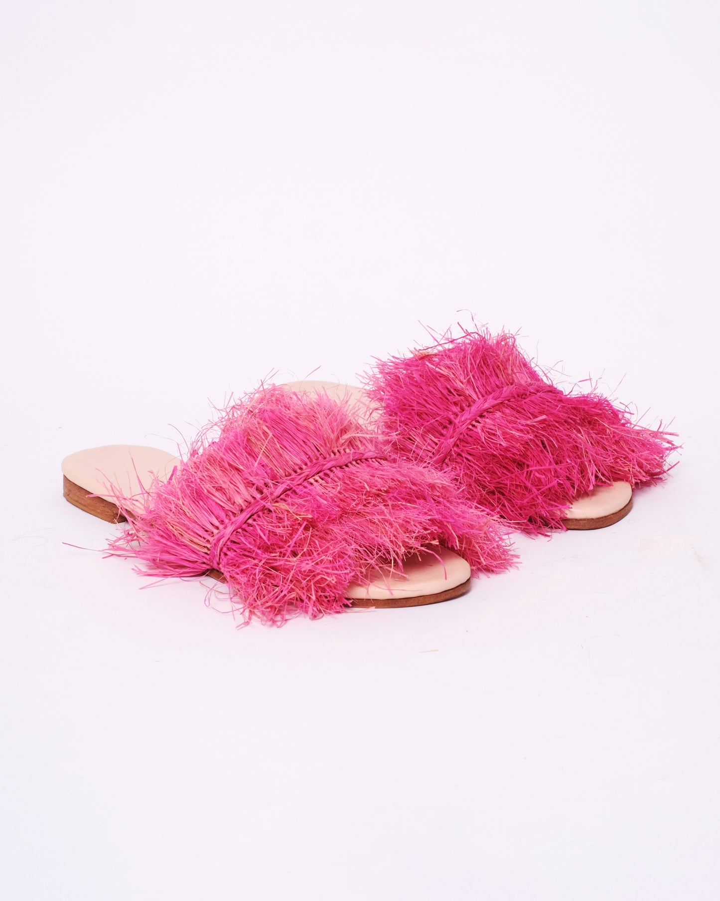 Women’s Pink Raffia Fringe Slides – Handmade in Morocco