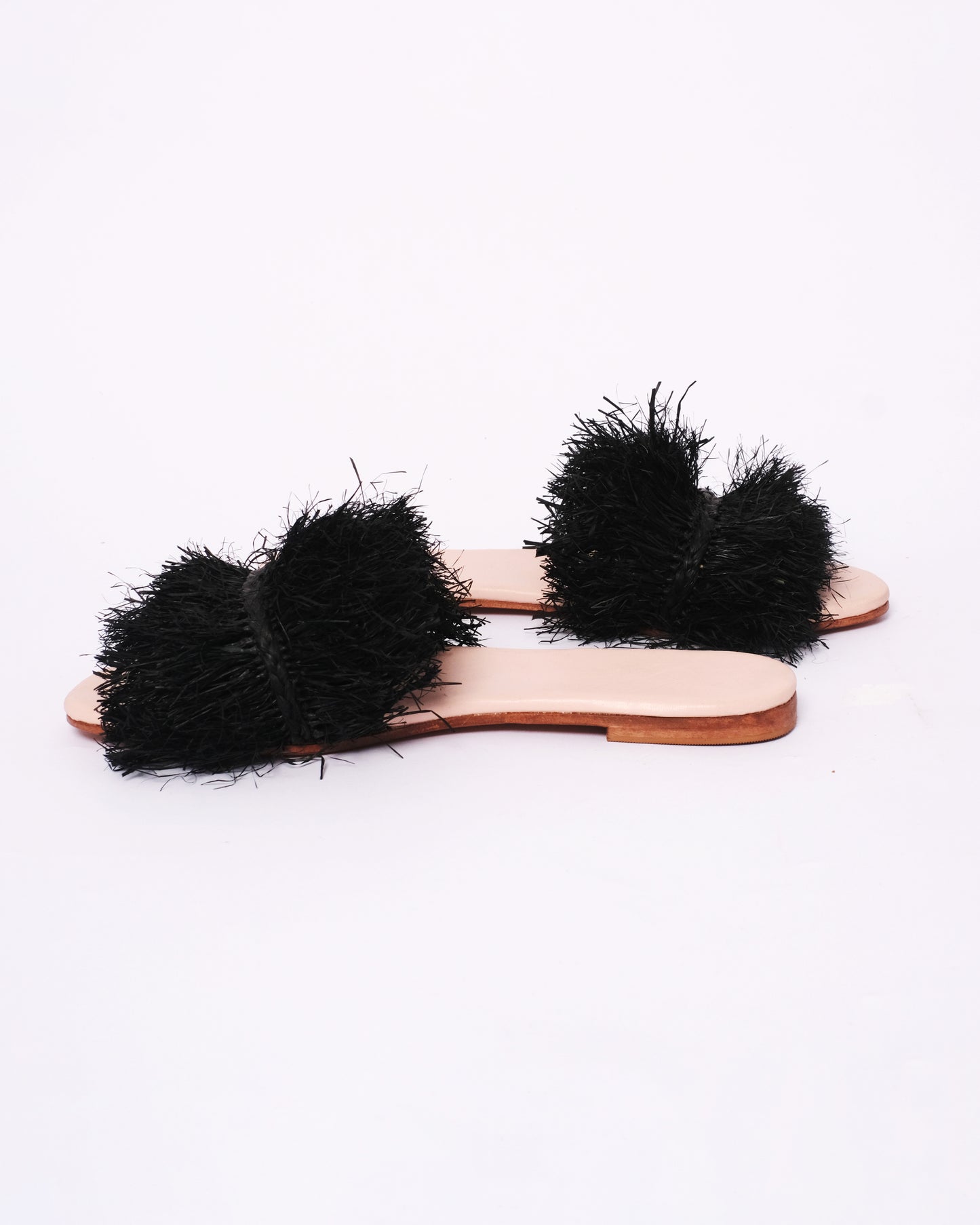 Black Raffia Fringe Slides – Handmade Moroccan Flat Sandals