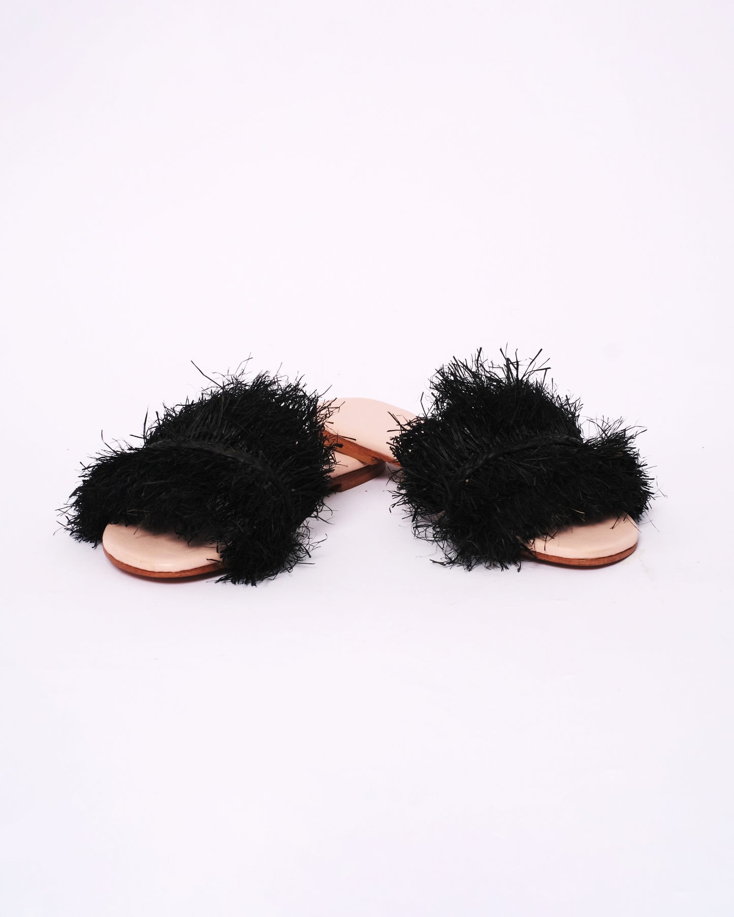 Black Raffia Fringe Slides – Handmade Moroccan Flat Sandals