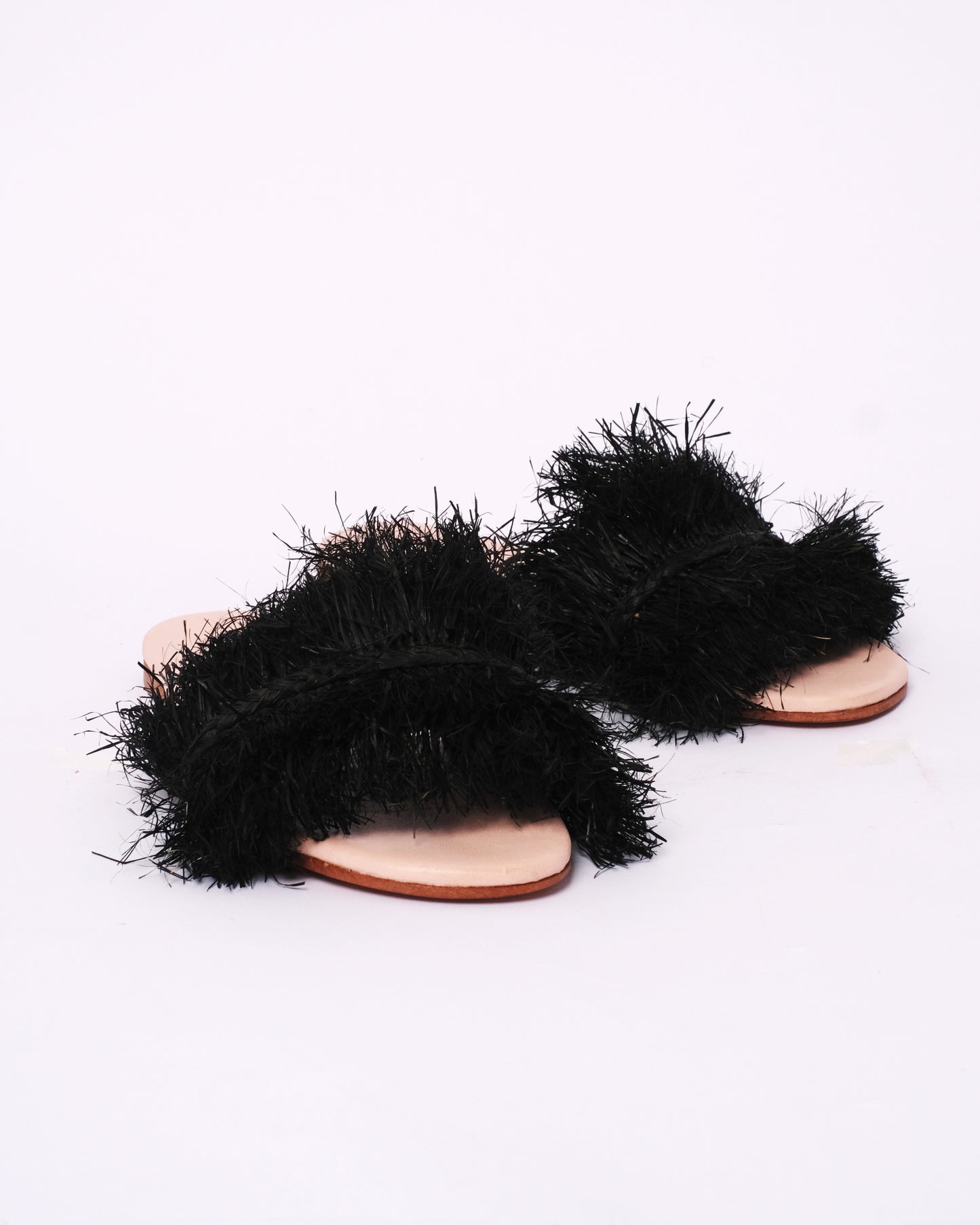 Black Raffia Fringe Slides – Handmade Moroccan Flat Sandals