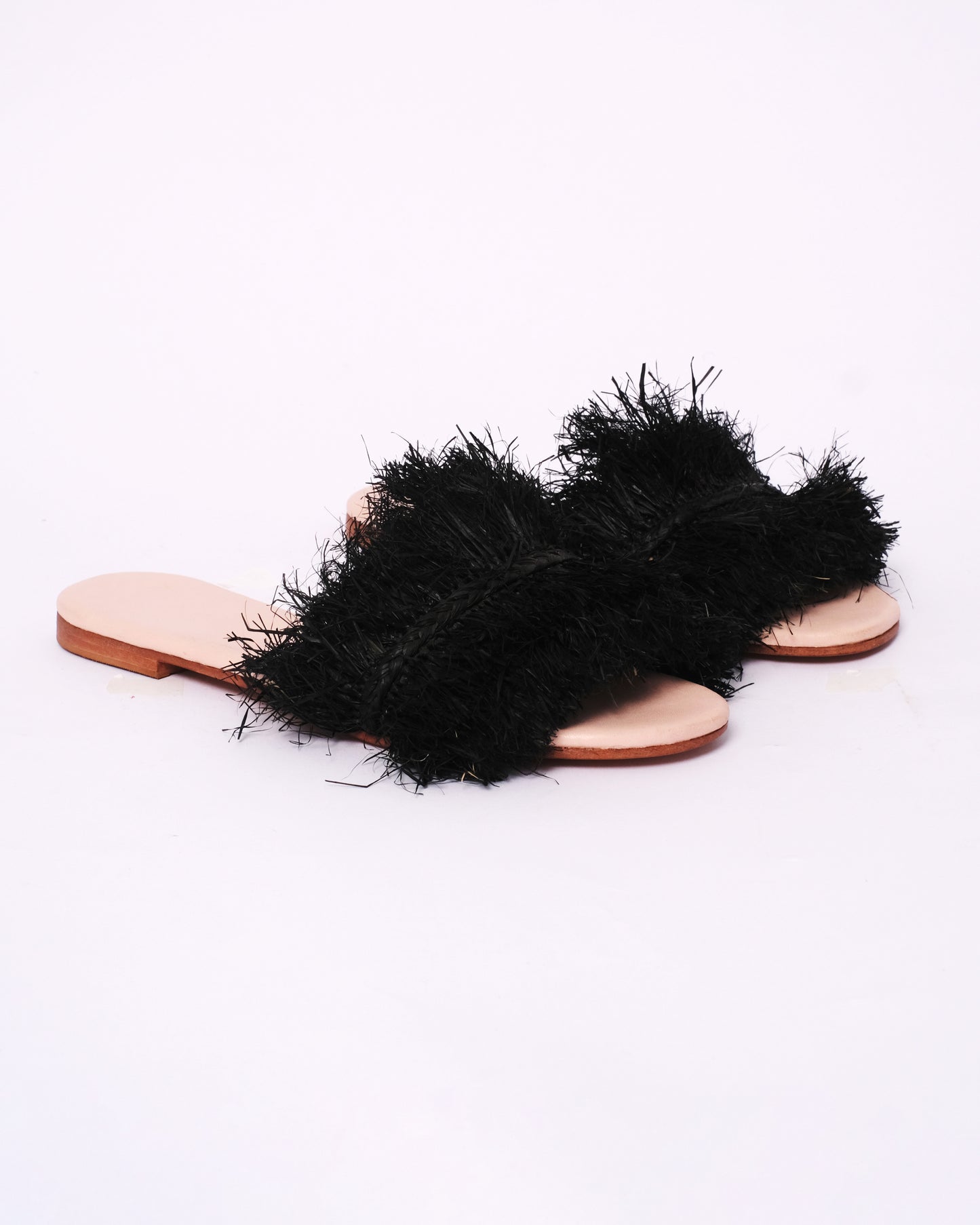 Black Raffia Fringe Slides – Handmade Moroccan Flat Sandals