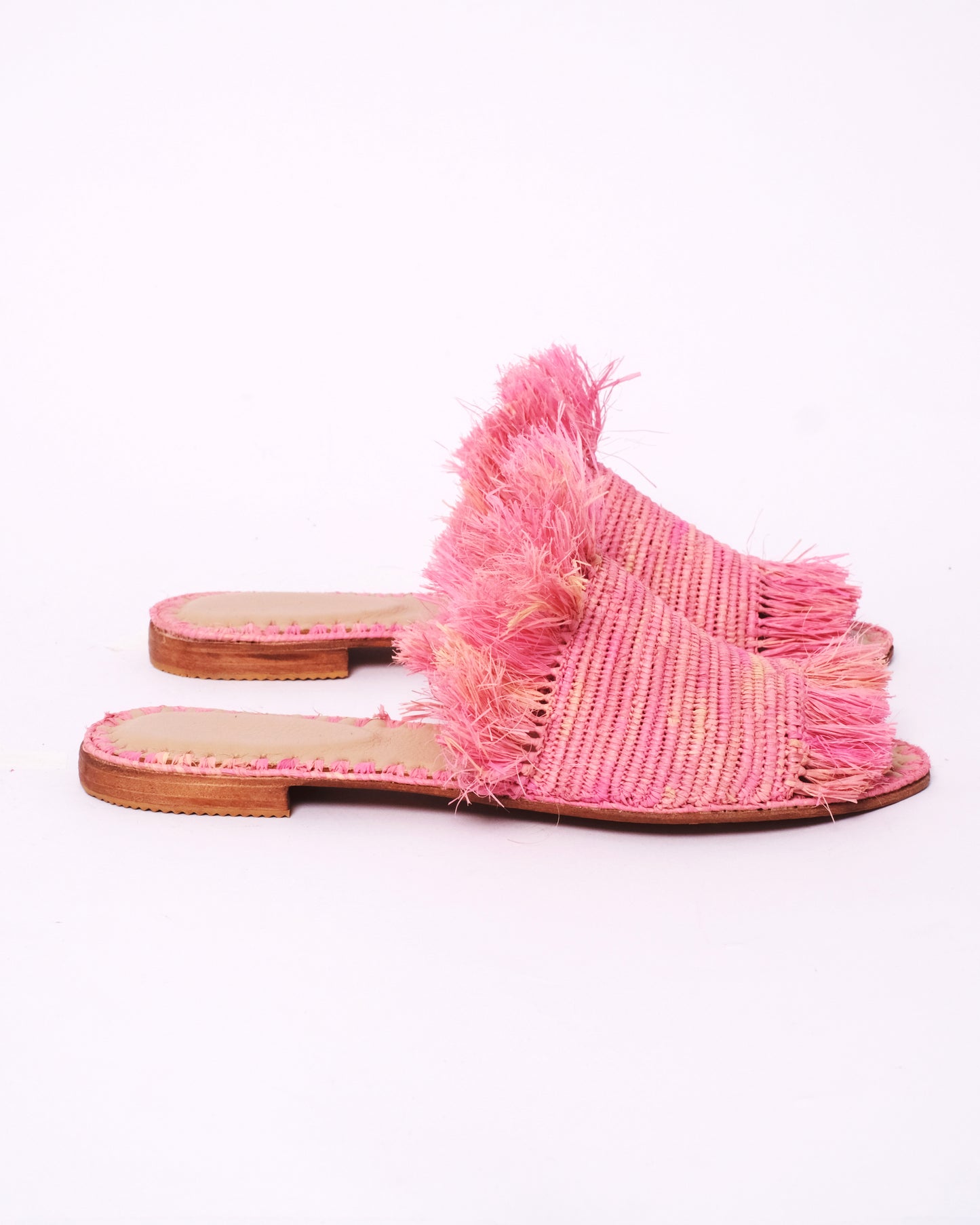 Pink Raffia Fringe Slides – Handmade Moroccan Flat Sandals