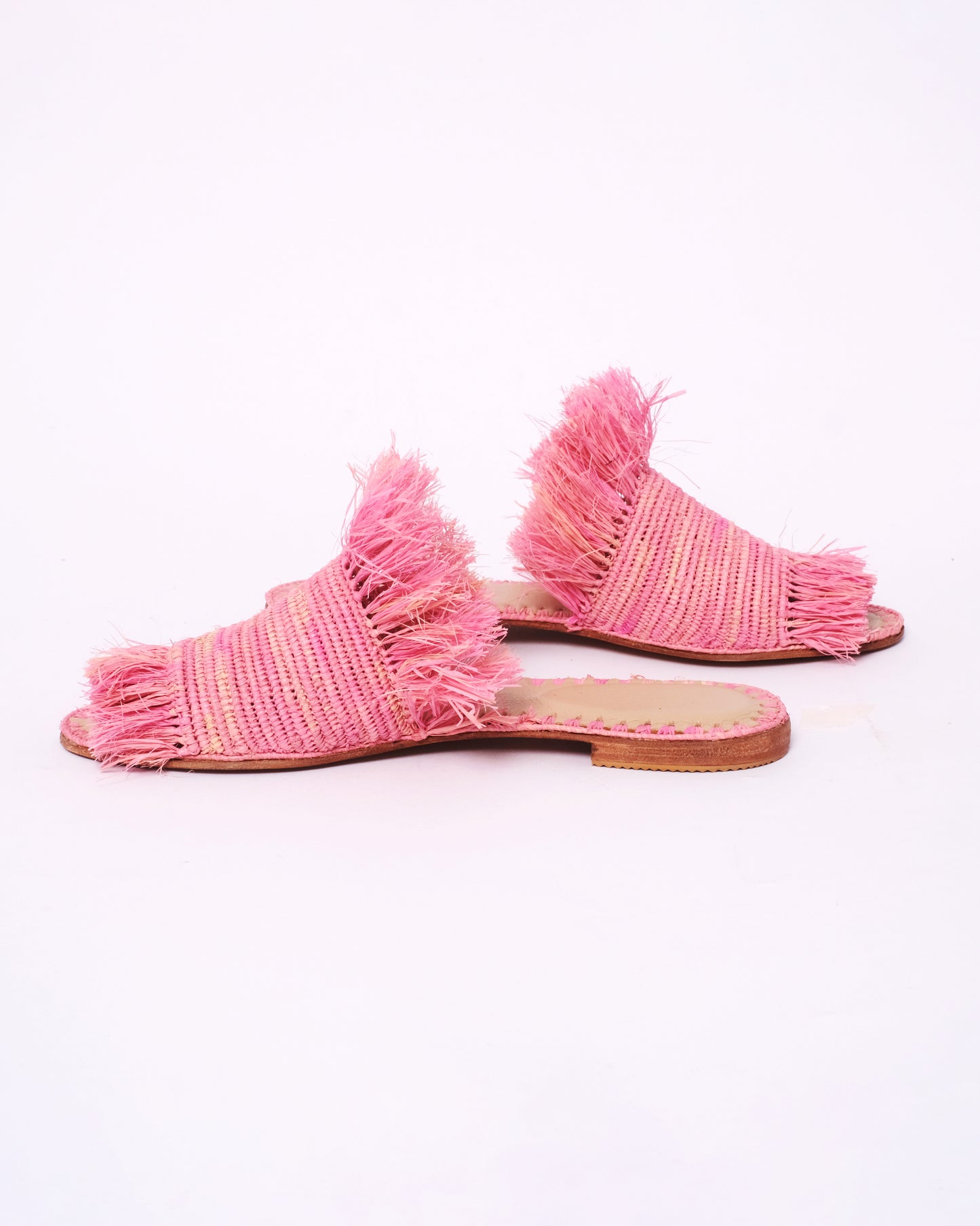 Pink Raffia Fringe Slides – Handmade Moroccan Flat Sandals