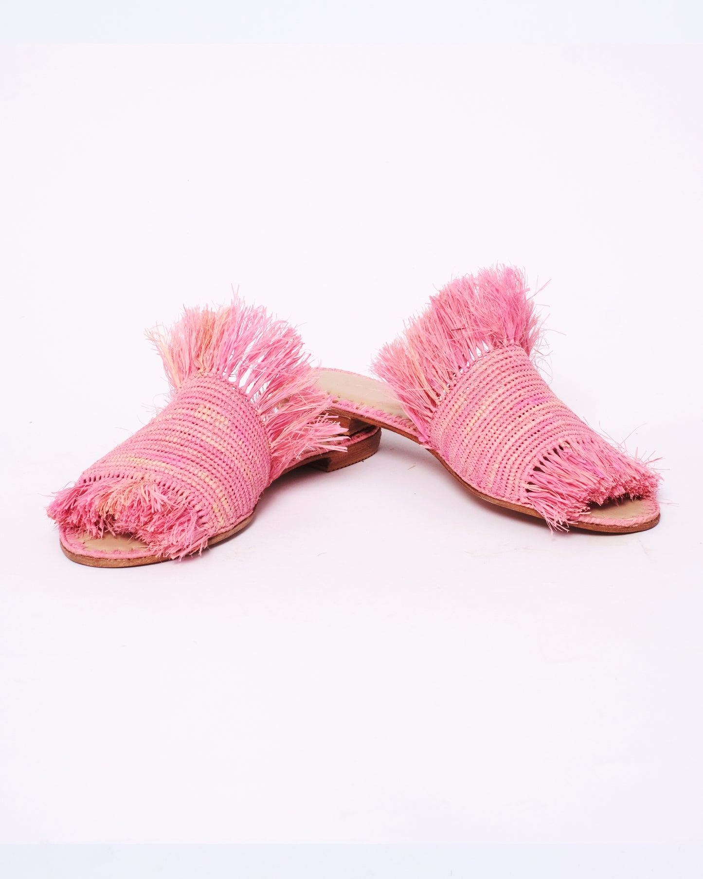 Pink Raffia Fringe Slides – Handmade Moroccan Flat Sandals