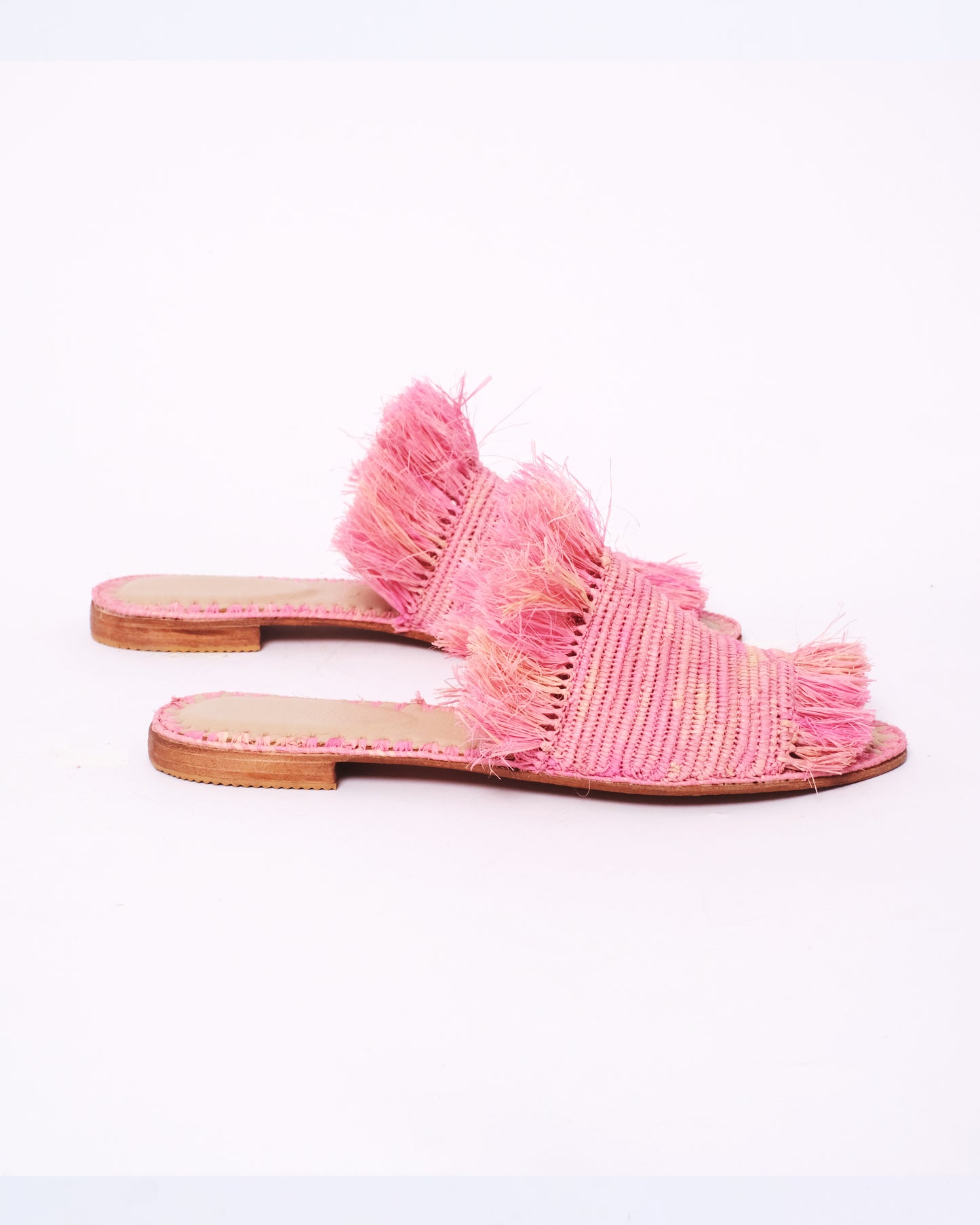 Pink Raffia Fringe Slides – Handmade Moroccan Flat Sandals