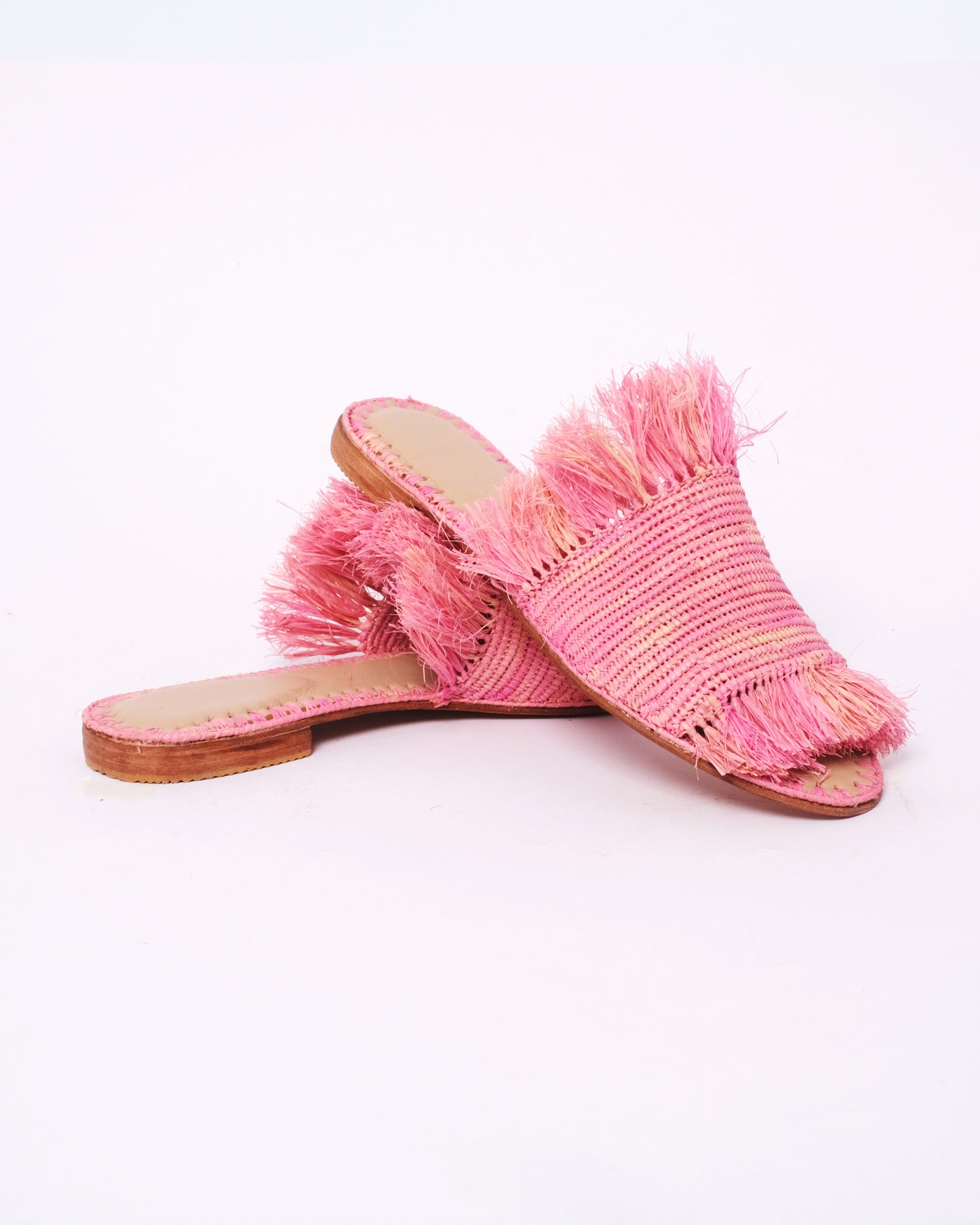 Pink Raffia Fringe Slides – Handmade Moroccan Flat Sandals