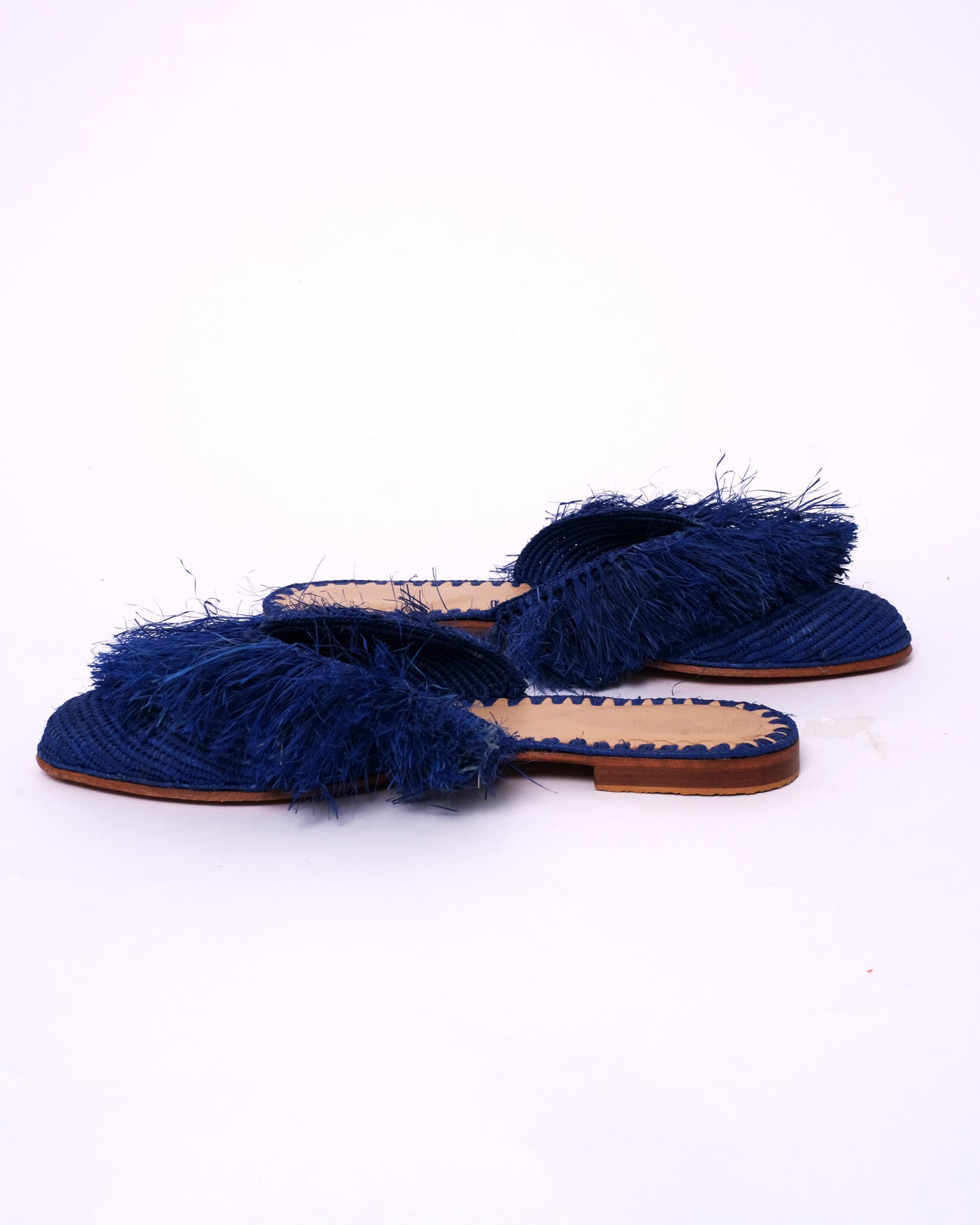 Royal Blue Raffia Fringe Mules – Handmade Moroccan Statement Slides