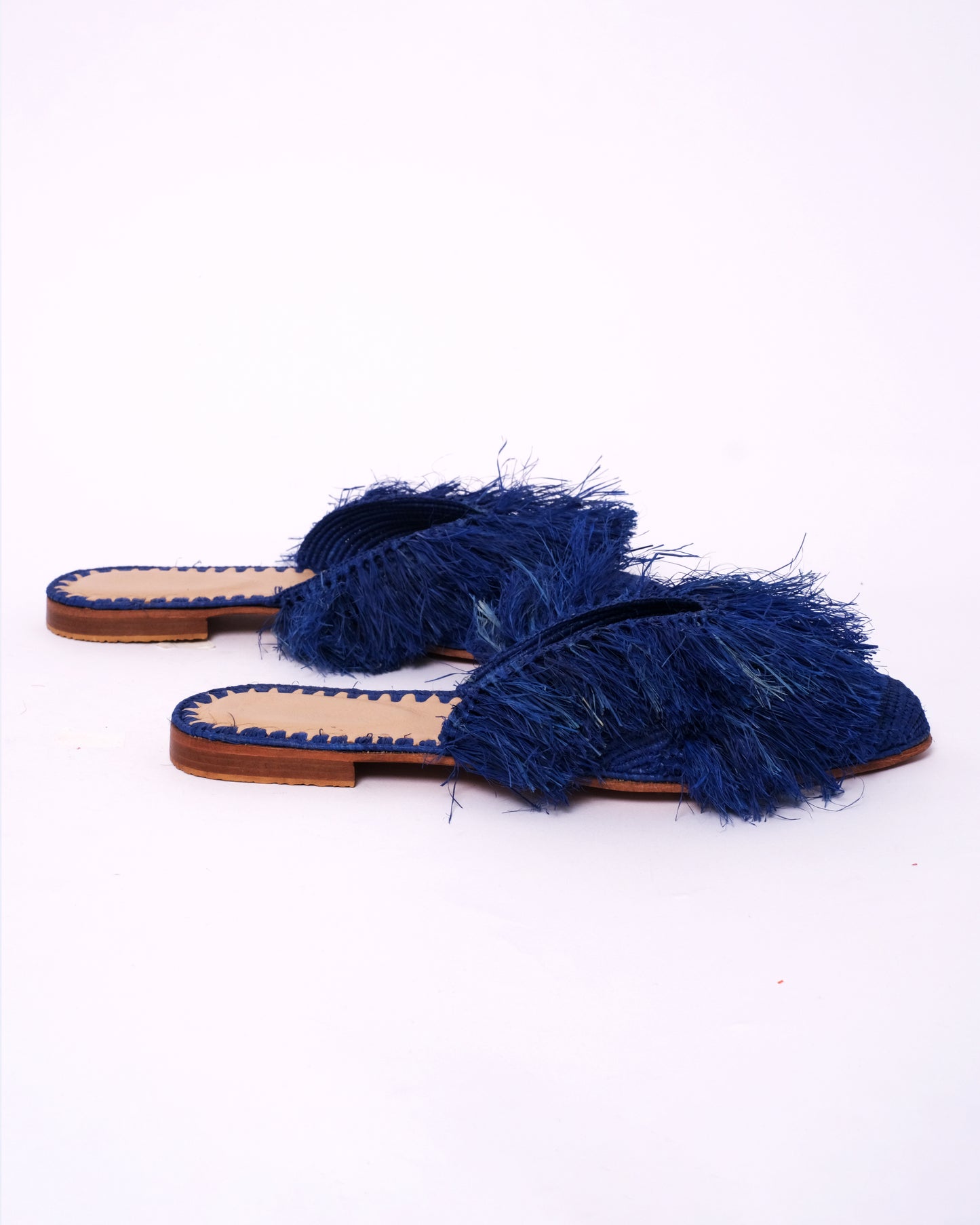 Royal Blue Raffia Fringe Mules – Handmade Moroccan Statement Slides