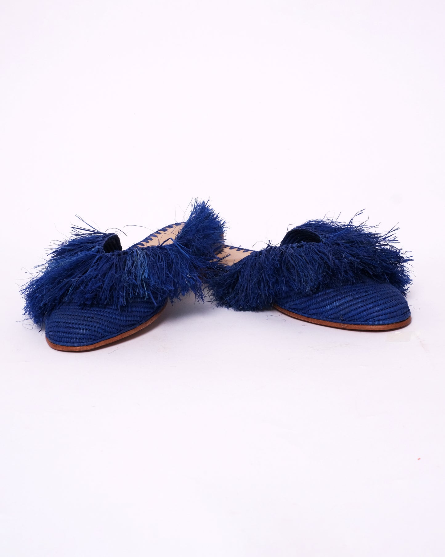 Royal Blue Raffia Fringe Mules – Handmade Moroccan Statement Slides
