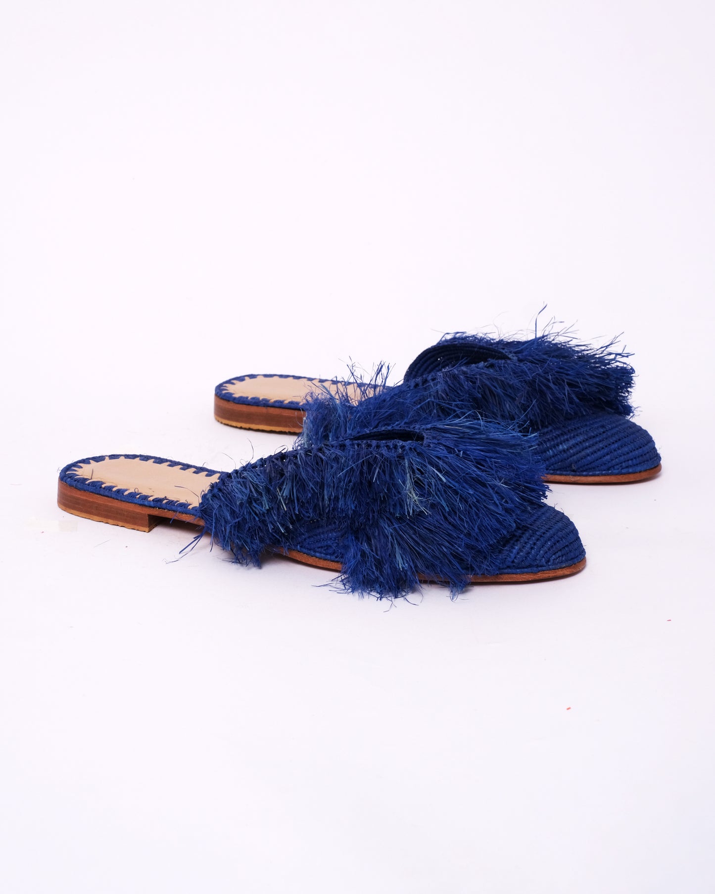 Royal Blue Raffia Fringe Mules – Handmade Moroccan Statement Slides