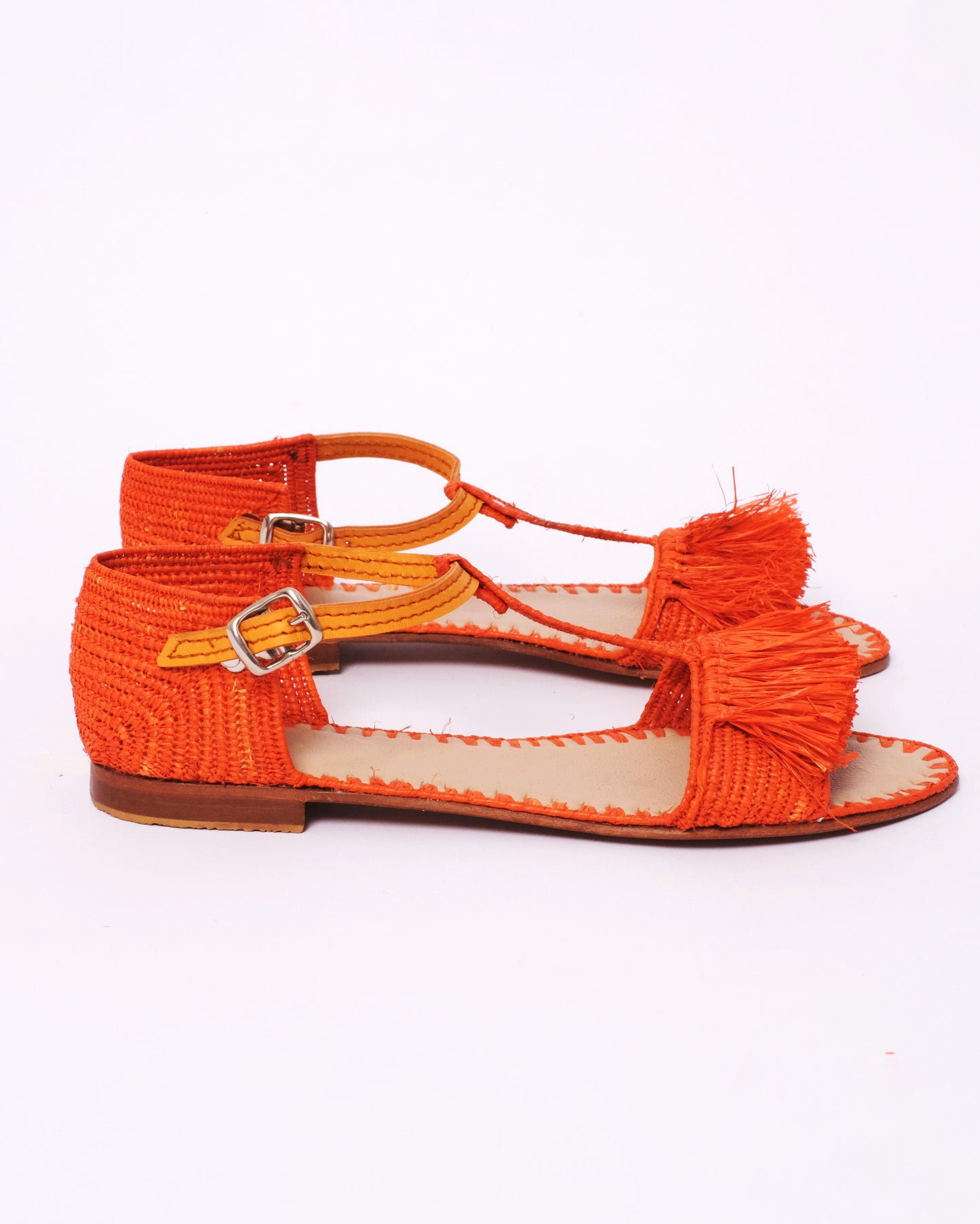 Women’s Orange Raffia Sandals – Handmade Fringe Design