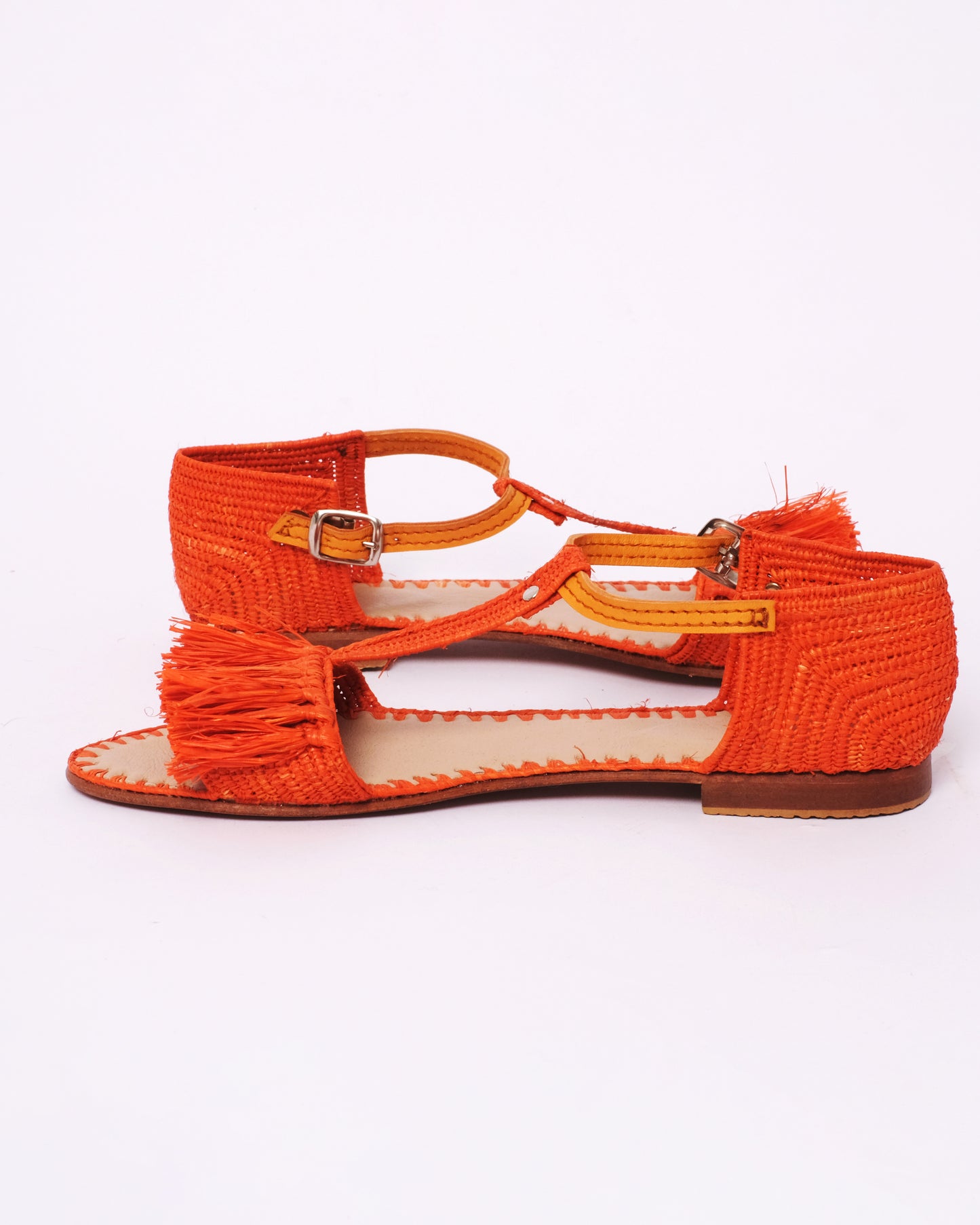 Women’s Orange Raffia Sandals – Handmade Fringe Design