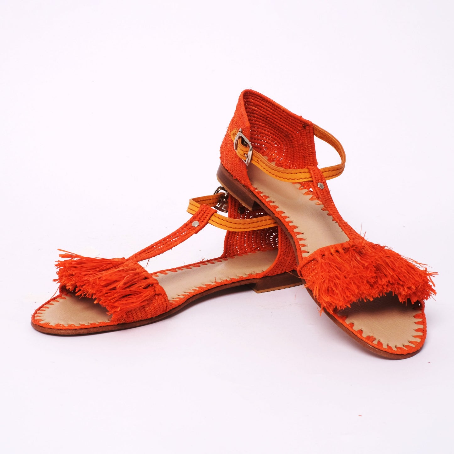 Women’s orange raffia fringe sandals with ankle strap, handmade in Morocco