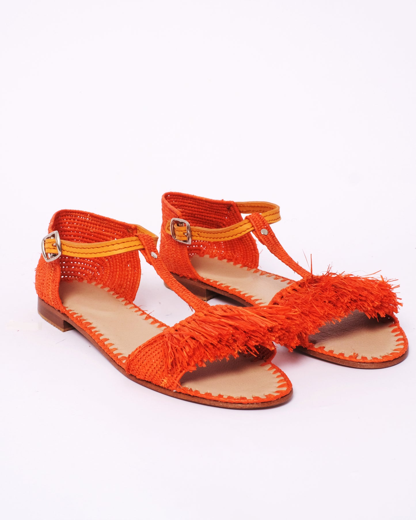 Women’s Orange Raffia Sandals – Handmade Fringe Design