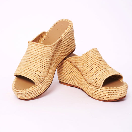 Natural beige raffia wedge mule sandals with handwoven platform sole