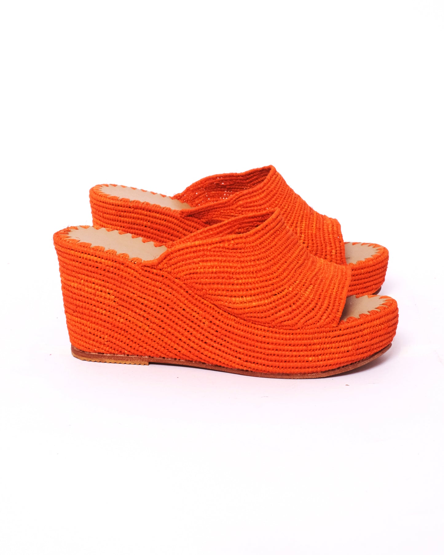 Orange Raffia Wedge Mules – Handmade Moroccan Platform Sandals