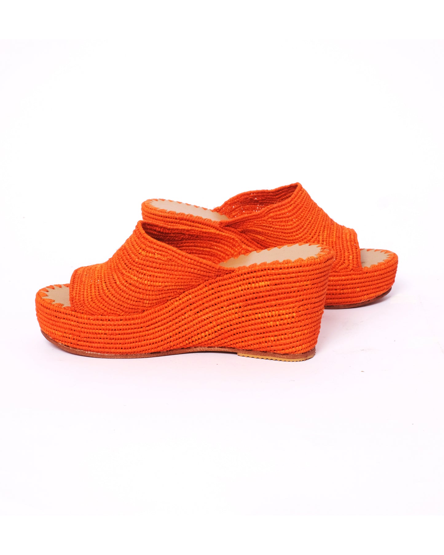 Orange Raffia Wedge Mules – Handmade Moroccan Platform Sandals