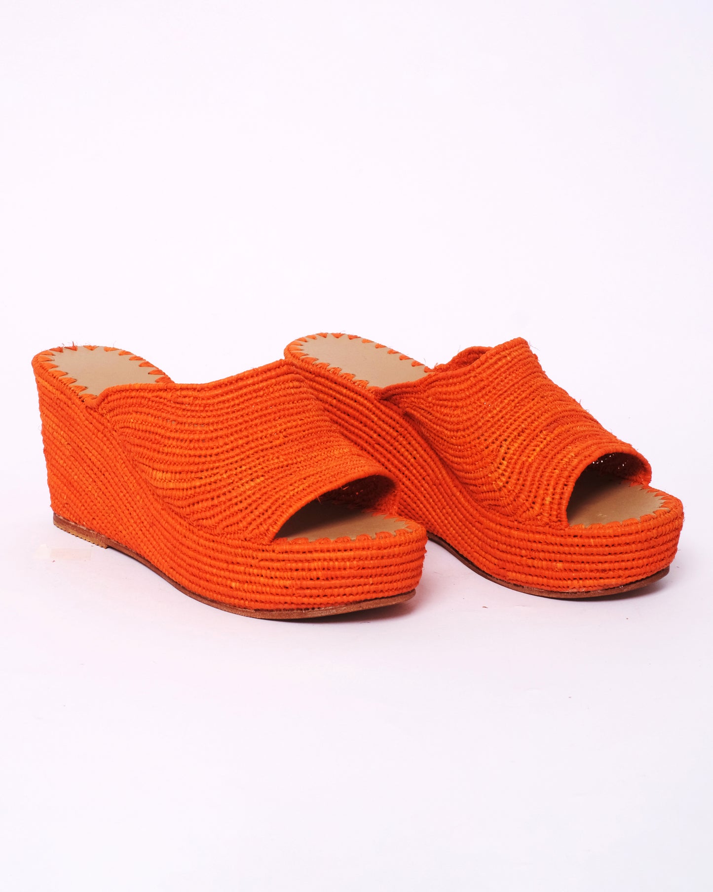 Orange Raffia Wedge Mules – Handmade Moroccan Platform Sandals