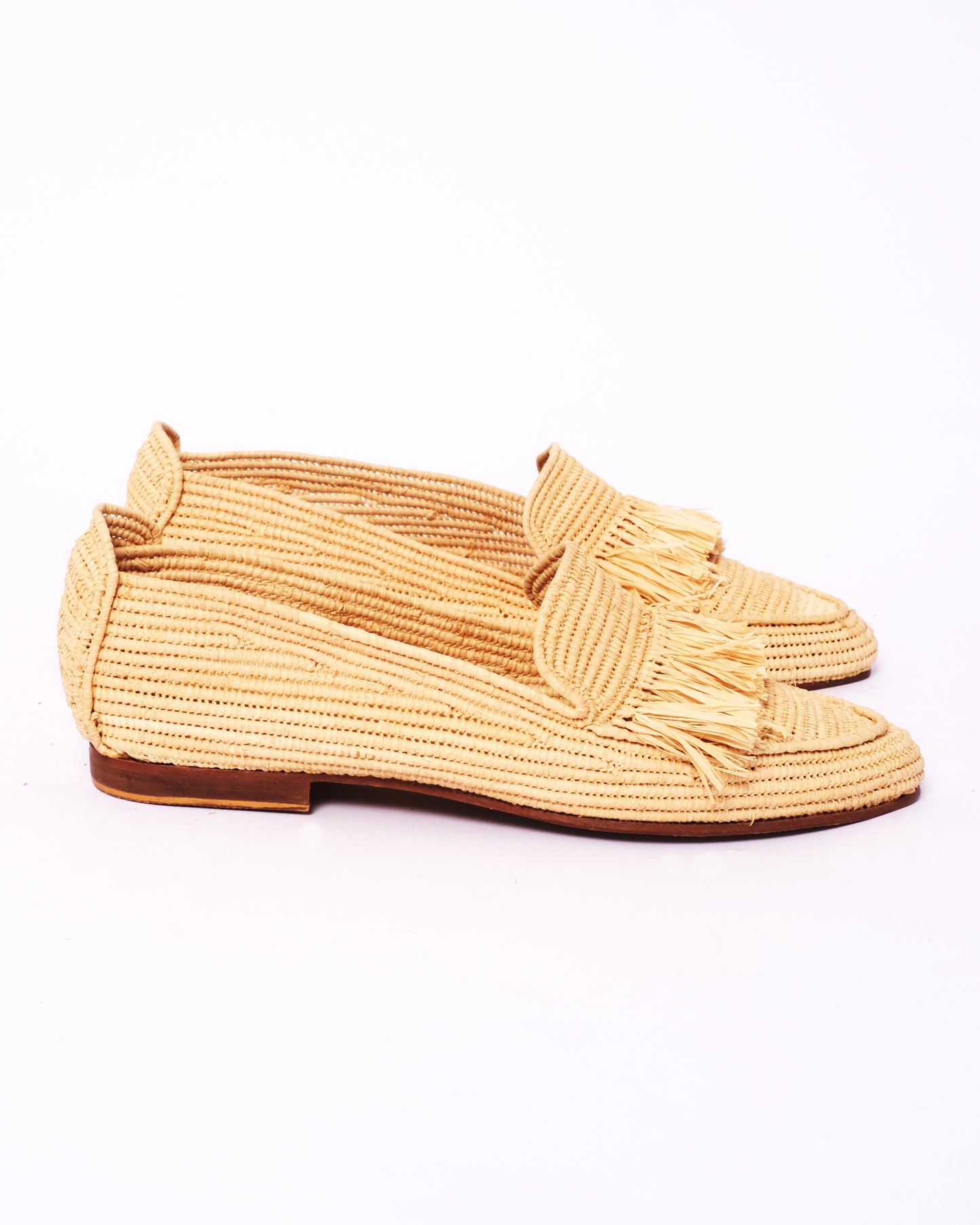 Natural Raffia Fringe Loafers – Handmade Moroccan Shoes for Women