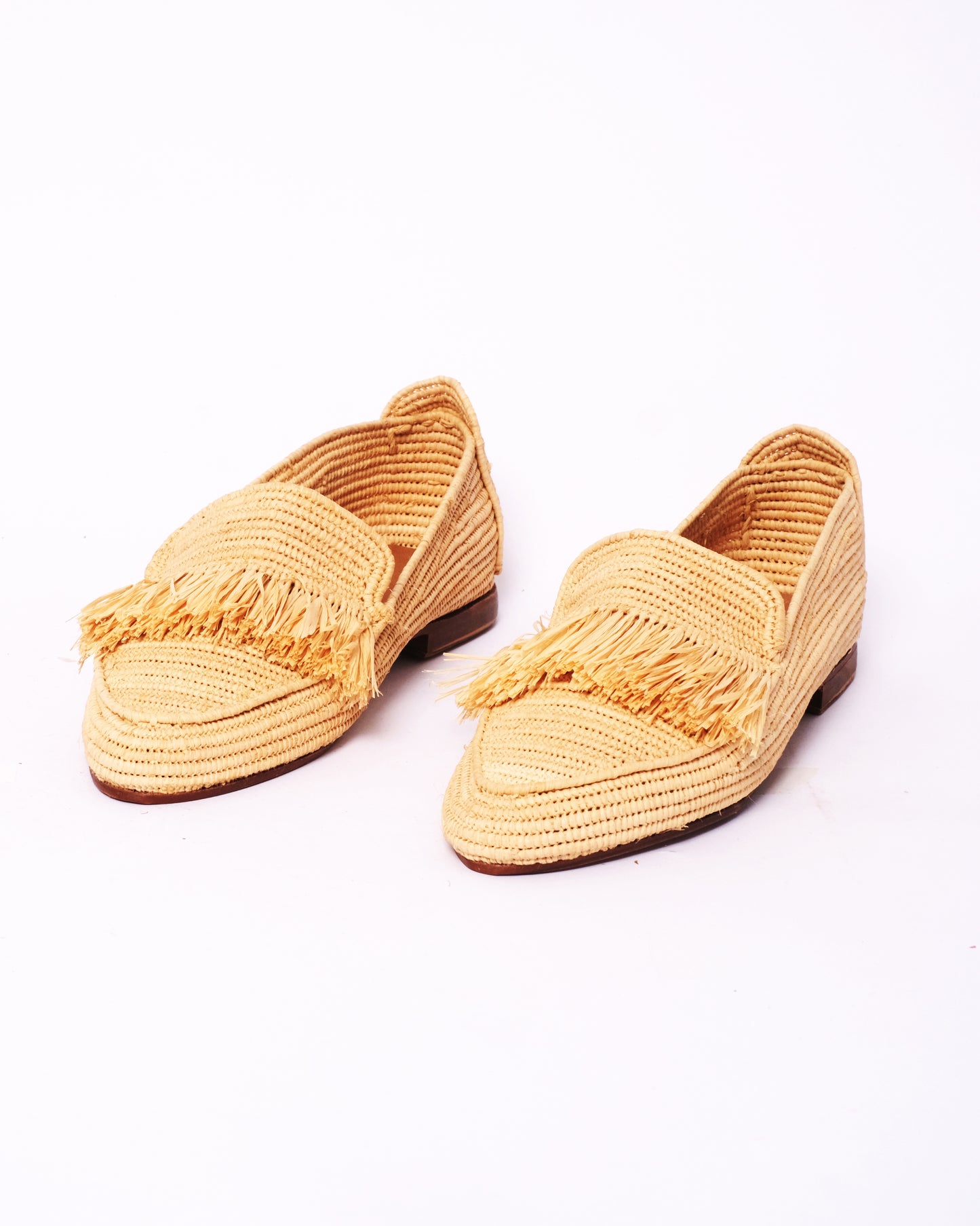 Natural Raffia Fringe Loafers – Handmade Moroccan Shoes for Women