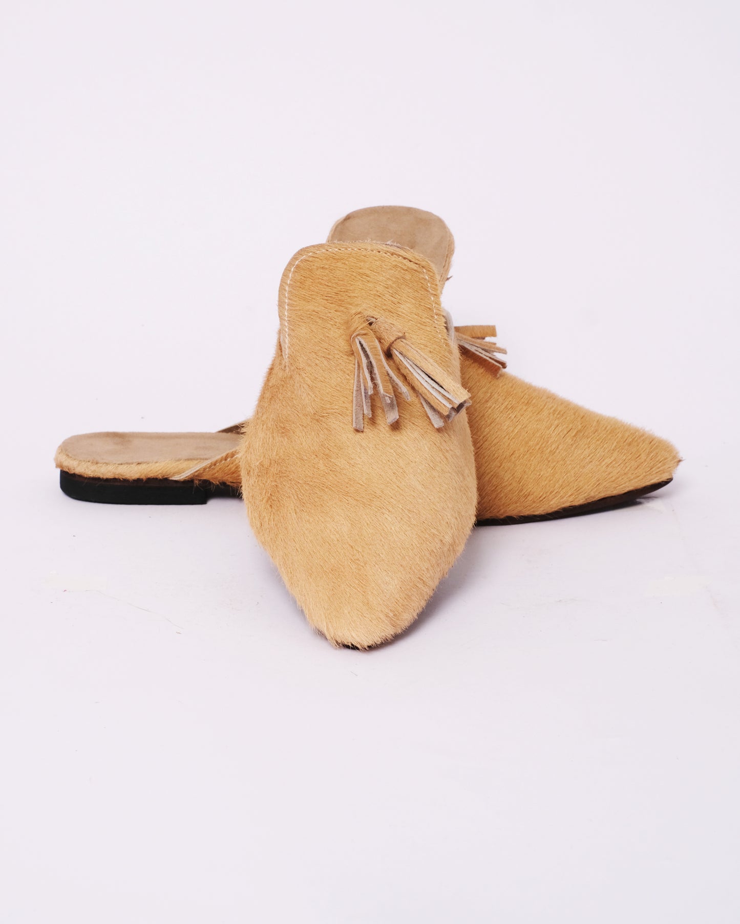 Hair-On Leather Tassel Mules – Handmade Moroccan Pointed Flats