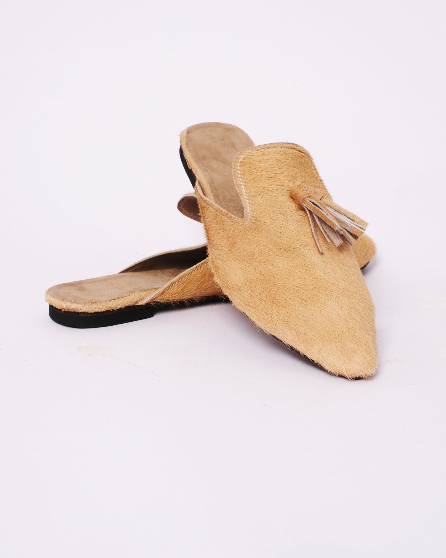 Hair-On Leather Tassel Mules – Handmade Moroccan Pointed Flats