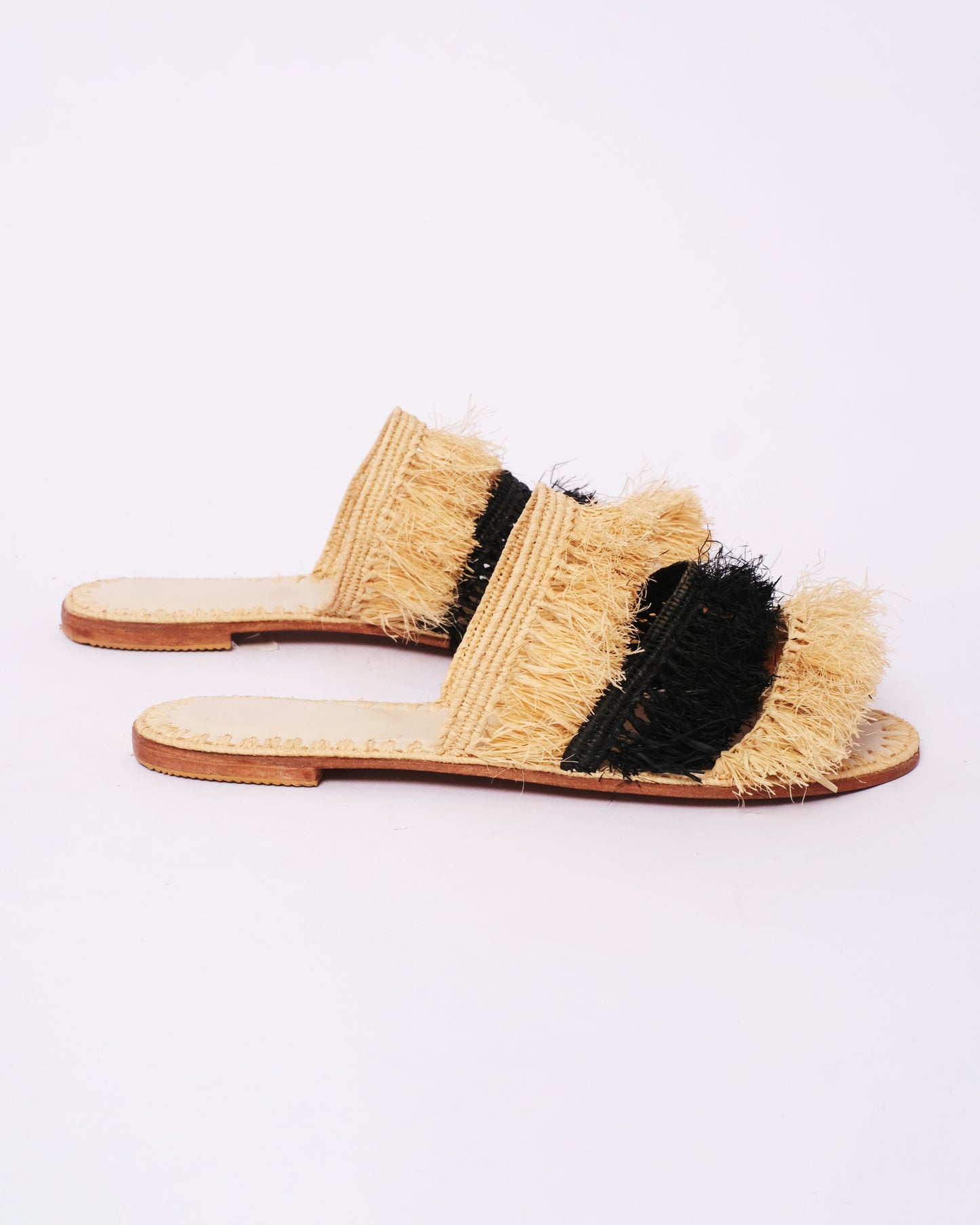 Natural & Black Raffia Fringe Slides – Handmade Moroccan Sandals