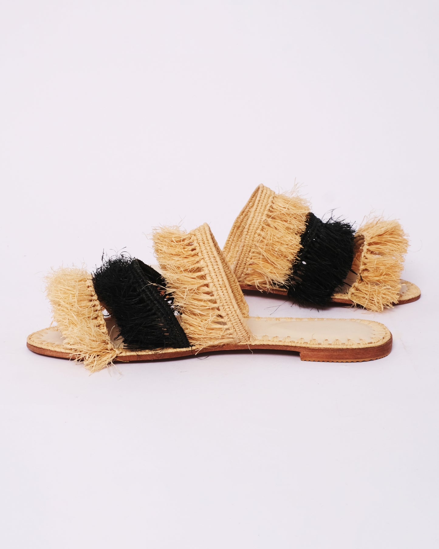 Natural & Black Raffia Fringe Slides – Handmade Moroccan Sandals