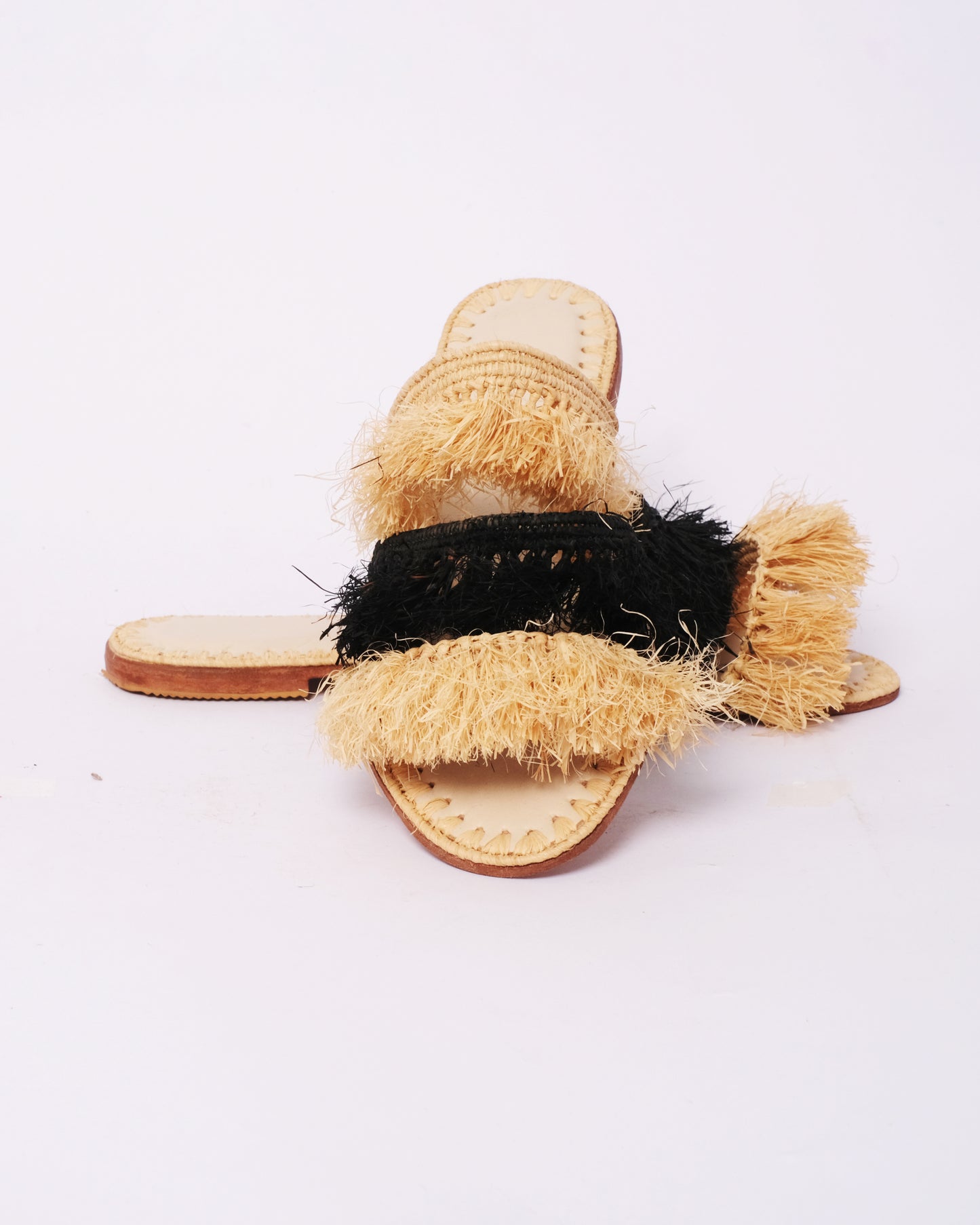 Natural & Black Raffia Fringe Slides – Handmade Moroccan Sandals