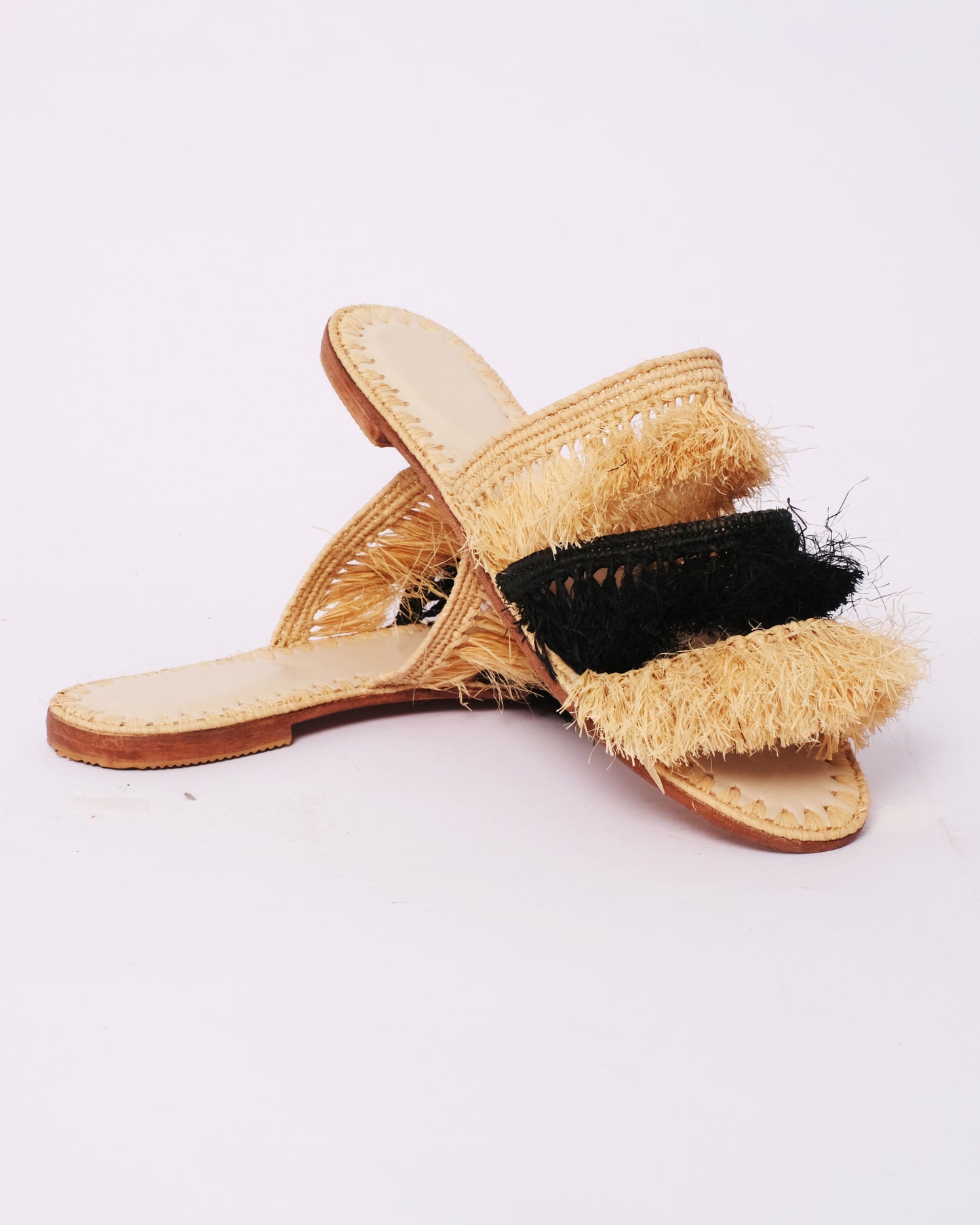 Natural & Black Raffia Fringe Slides – Handmade Moroccan Sandals