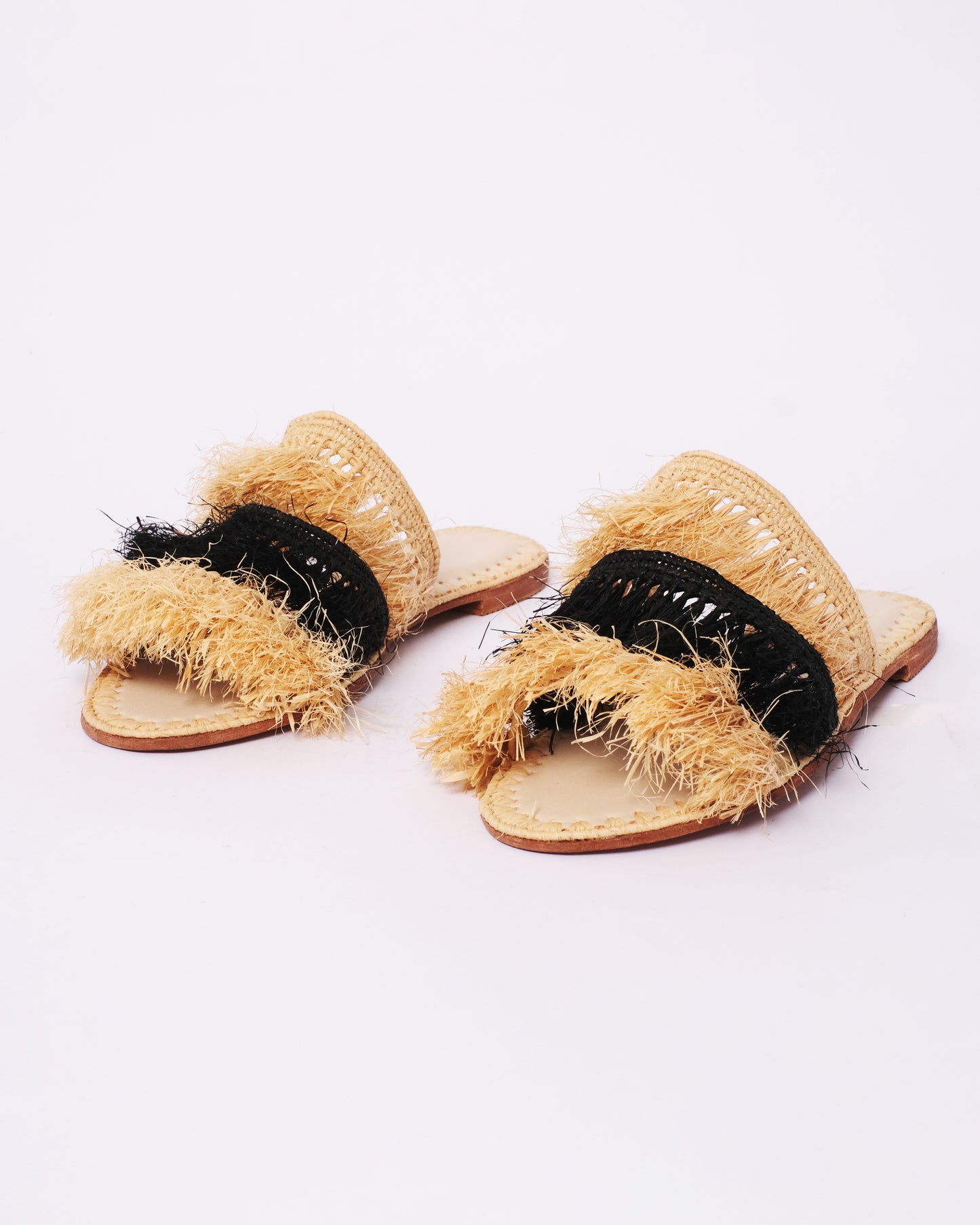 Natural & Black Raffia Fringe Slides – Handmade Moroccan Sandals