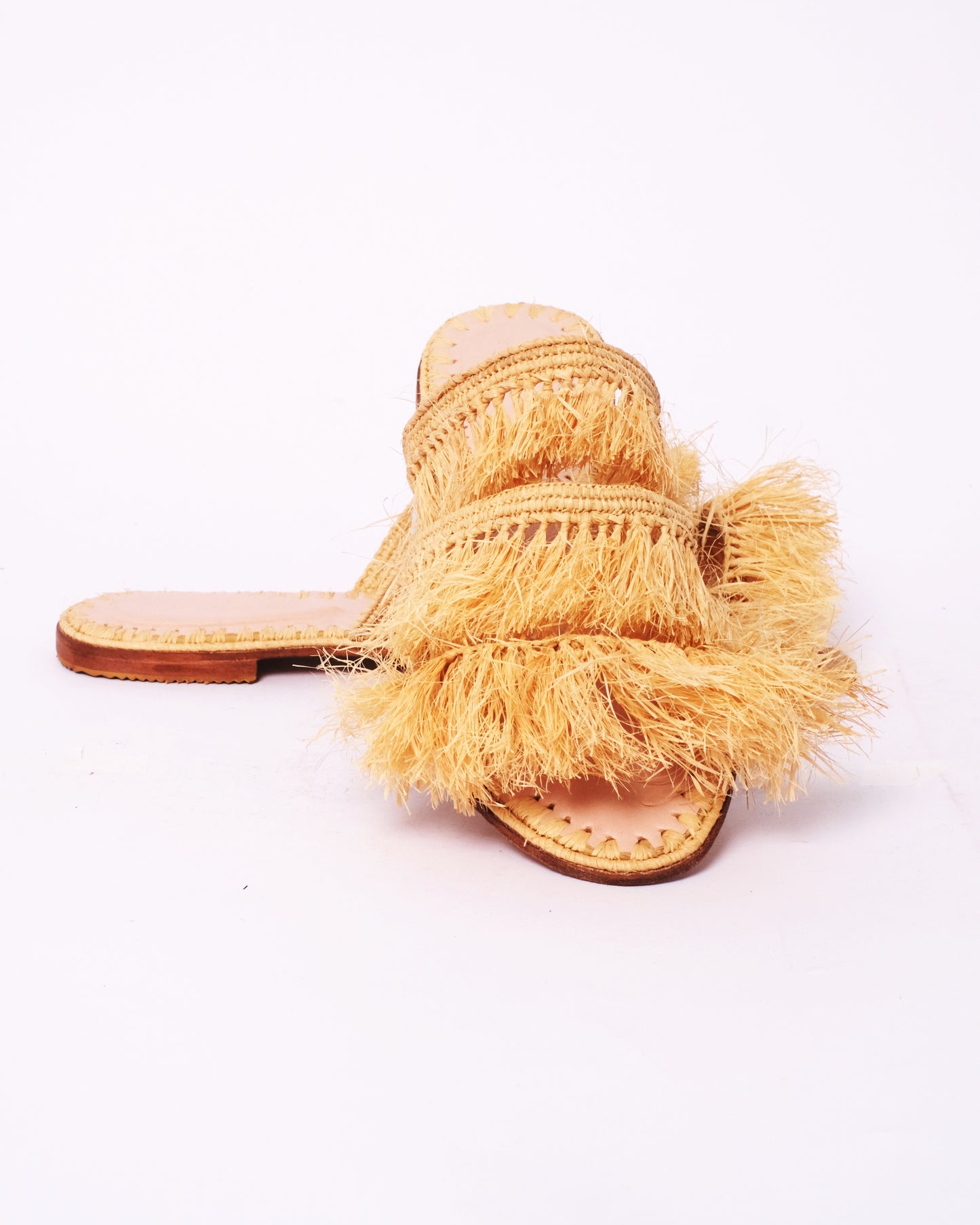 Double Strap Raffia Fringe Slides – Handmade in Natural Fiber, Morocco