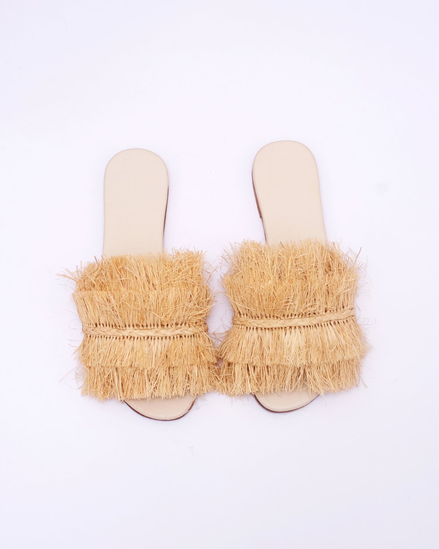 Natural Raffia Fringe Slides – Handmade Moroccan Statement Sandals