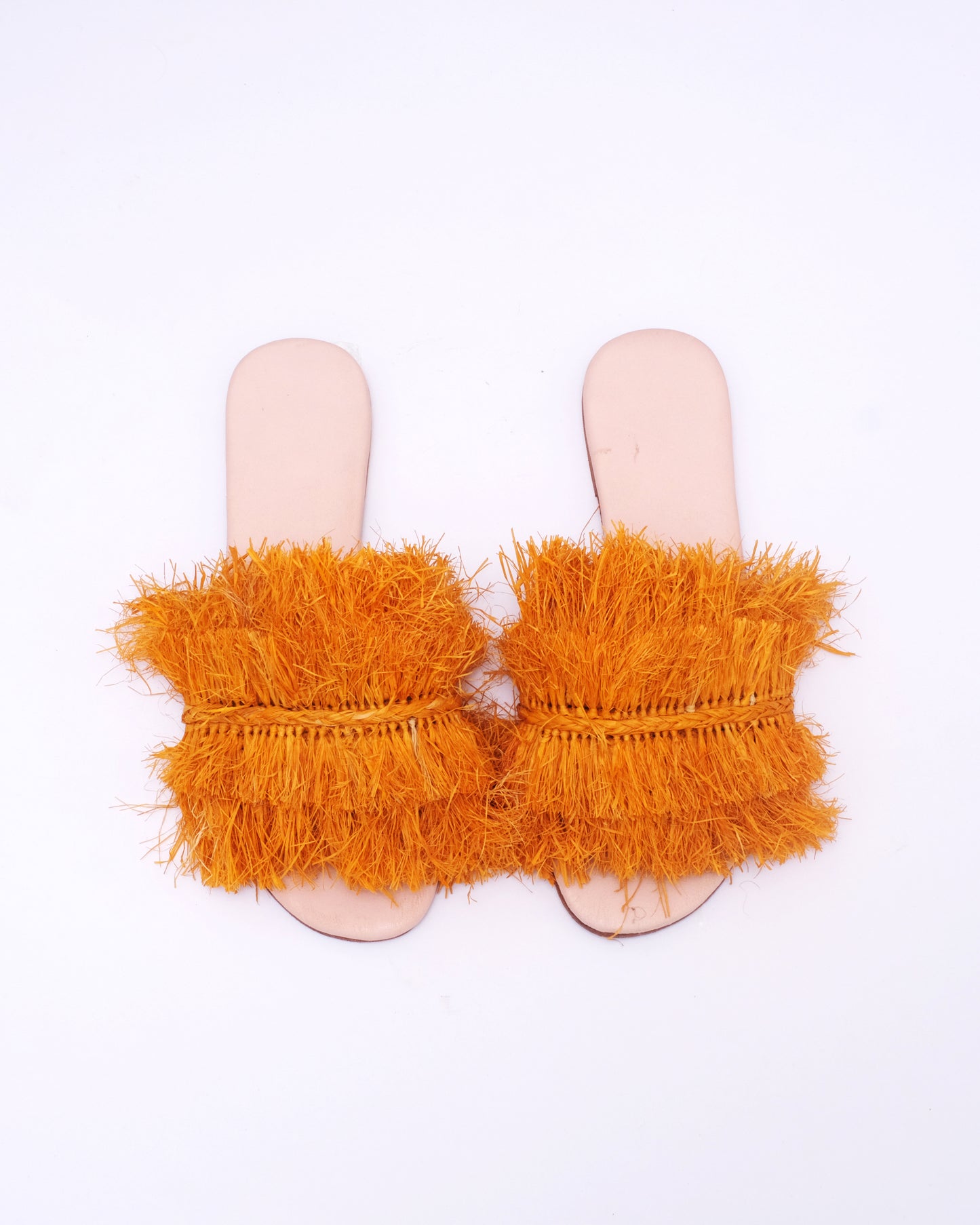 Women’s Orange Raffia Fringe Slides – Handmade in Morocco