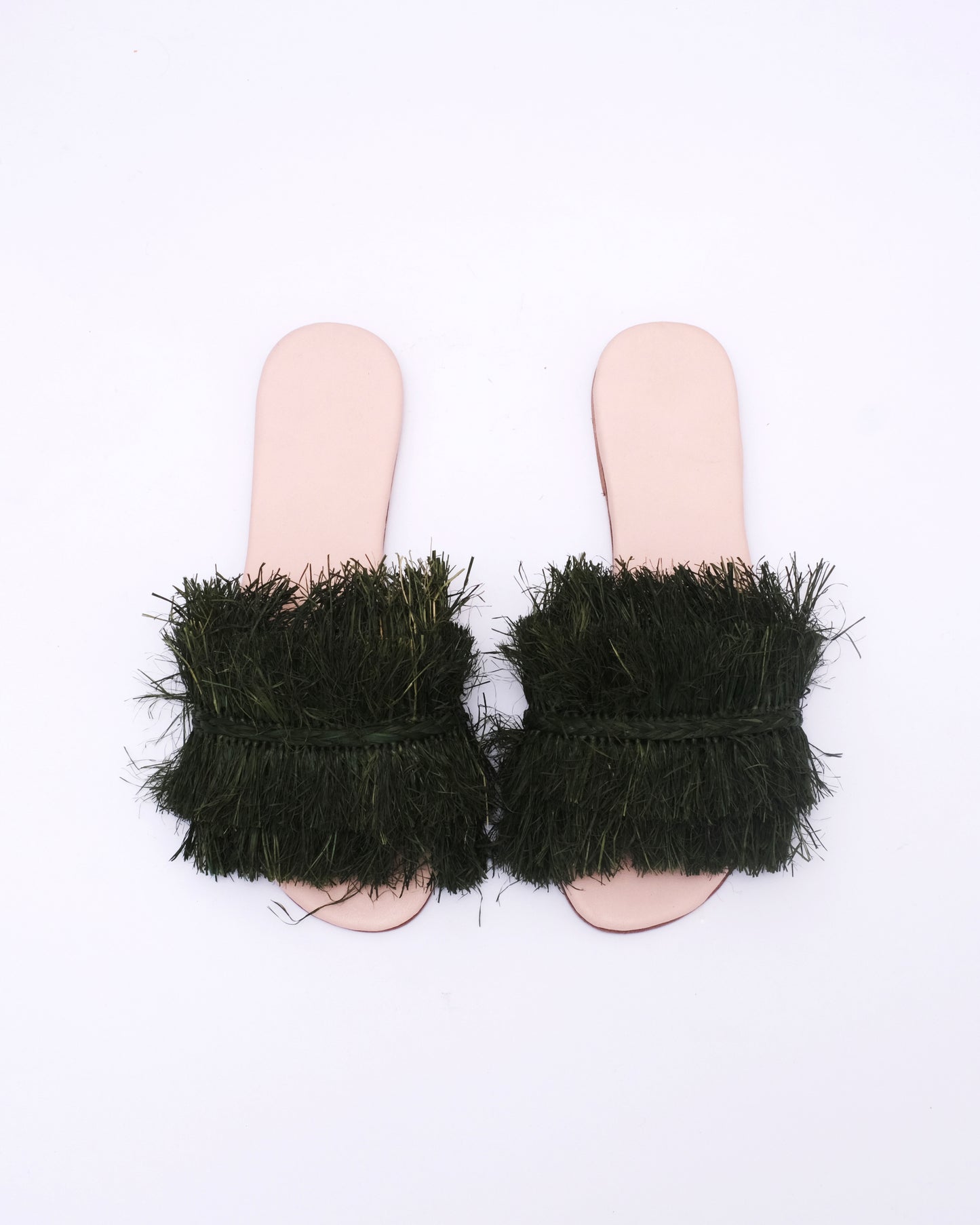 Dark Green Raffia Slide Sandals – Handmade Moroccan Women’s Flats