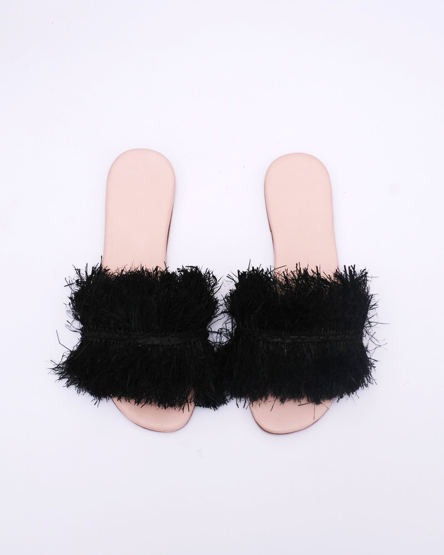 Black Raffia Fringe Slides – Handmade Moroccan Flat Sandals