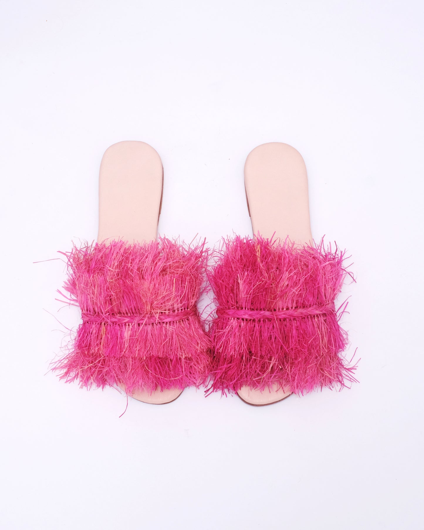 Women’s Pink Raffia Fringe Slides – Handmade in Morocco