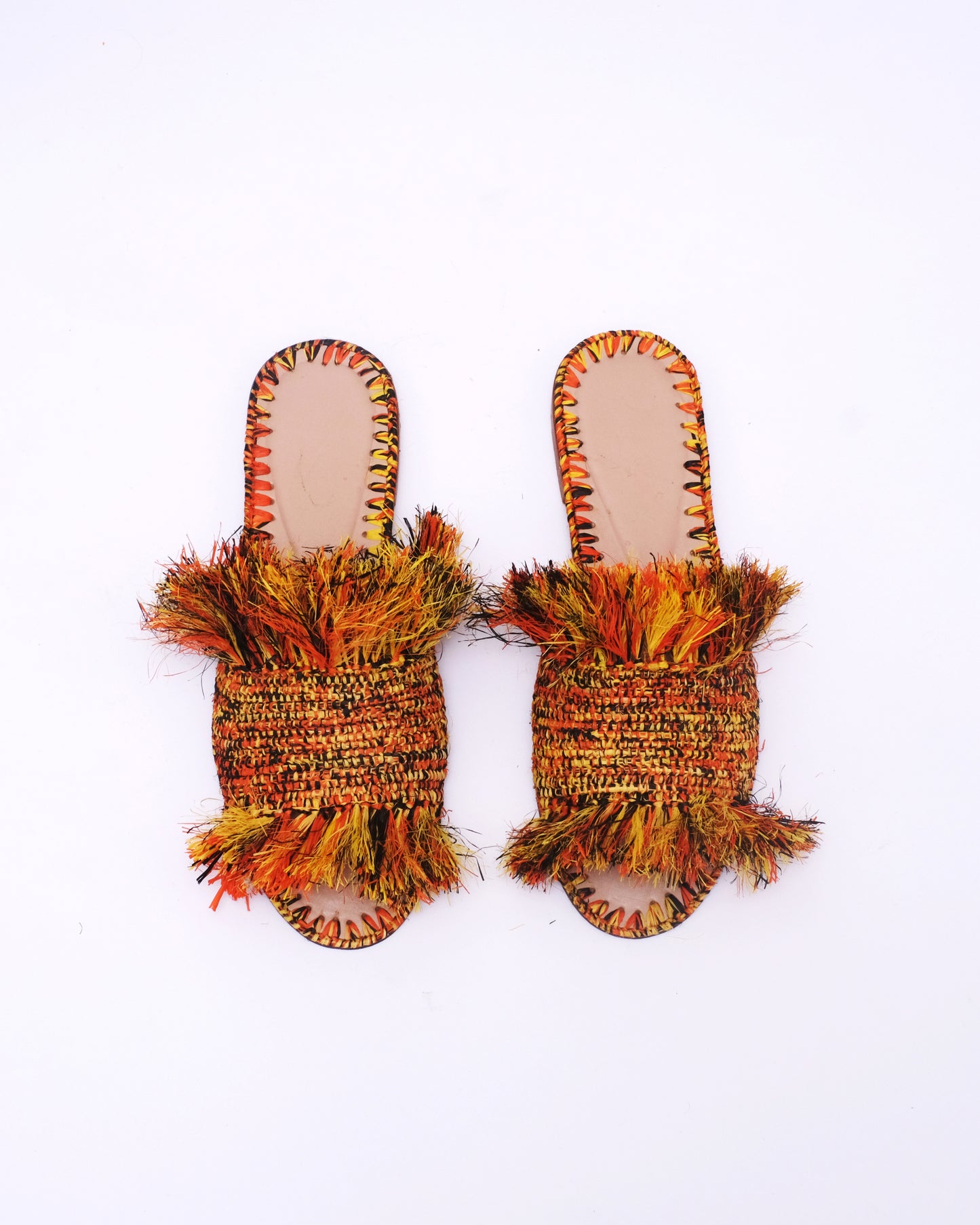 Sunset Fringe Raffia Slides – Handmade Moroccan Boho Sandals