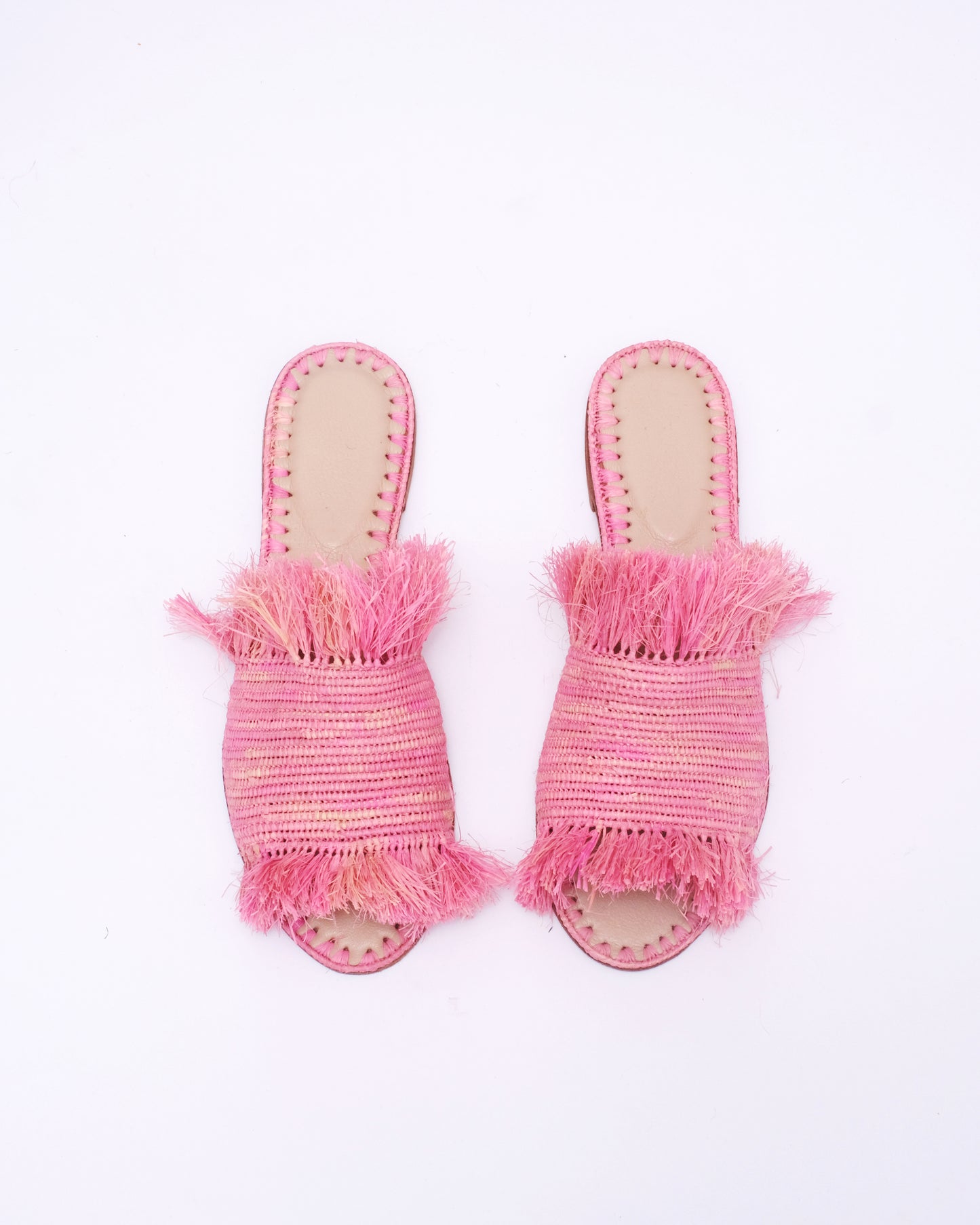 Pink Raffia Fringe Slides – Handmade Moroccan Flat Sandals
