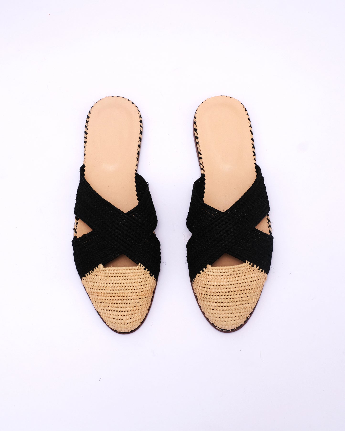 Two-Tone Raffia Slide Mules – Black & Natural Handmade Moroccan Flats