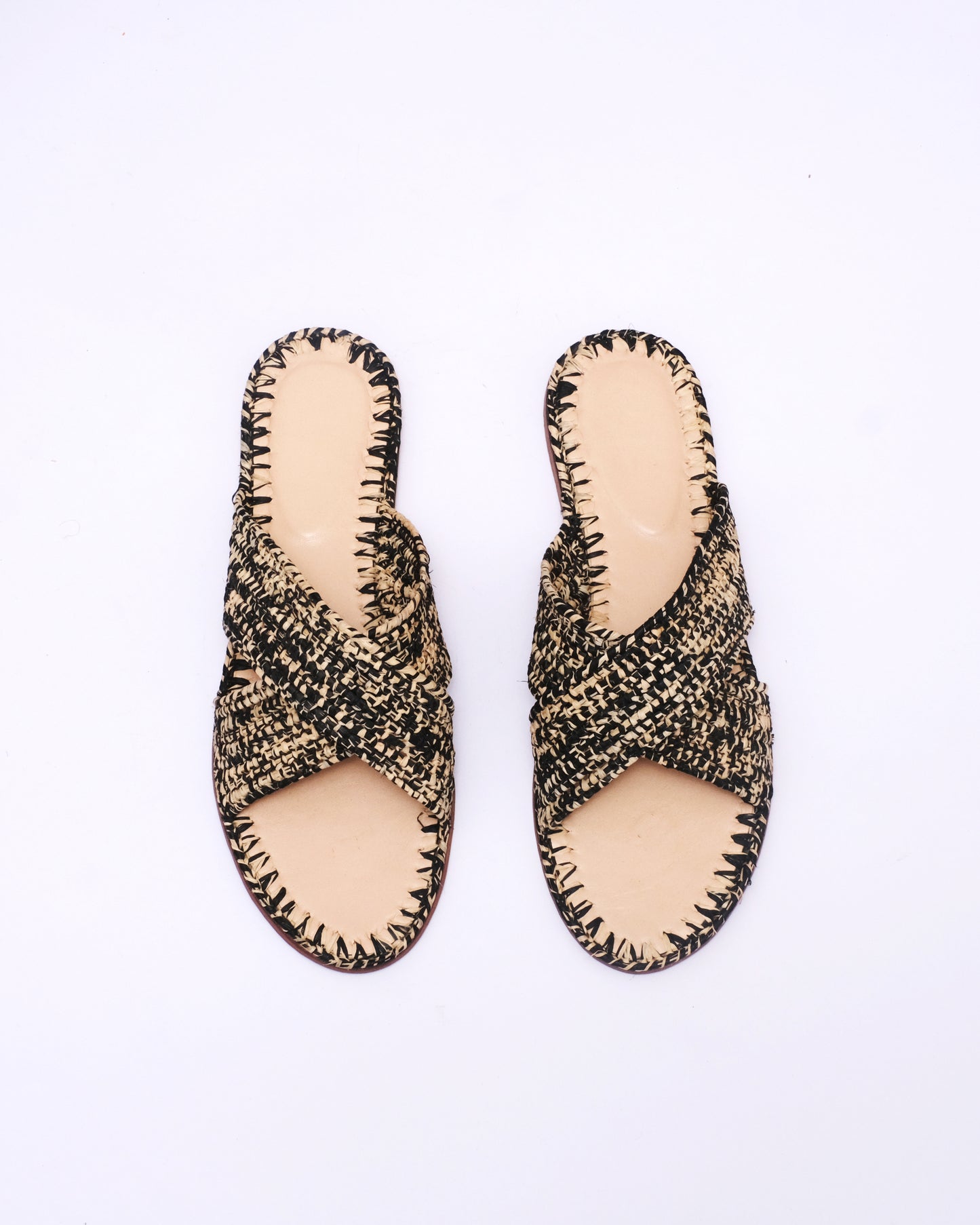 Black & Natural Raffia Cross Sandals – Handmade Moroccan Flat Slides