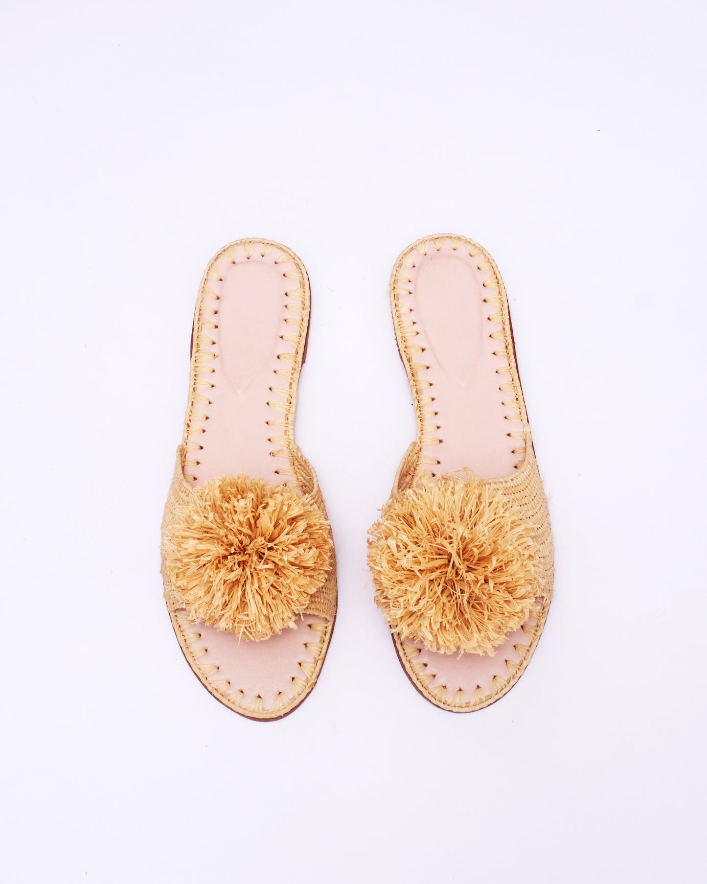 Women’s Raffia Pom-Pom Slides – Handmade Moroccan Craft