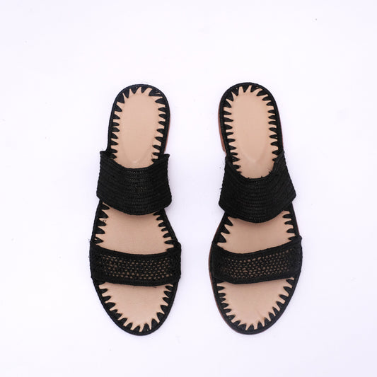 Black handmade raffia double strap sandals with open toe and leather sole