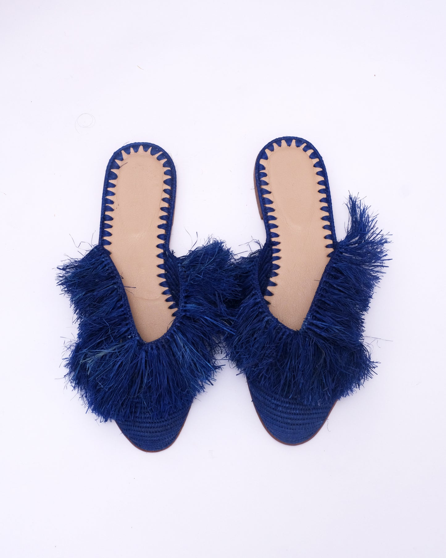 Royal Blue Raffia Fringe Mules – Handmade Moroccan Statement Slides