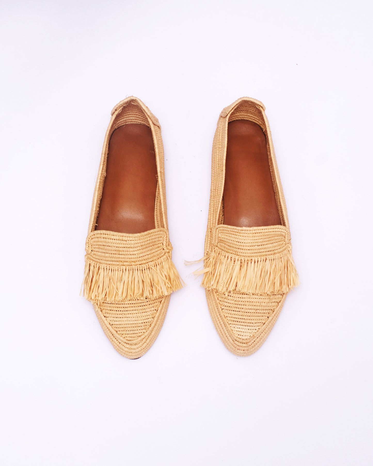 Natural Raffia Fringe Loafers – Handmade Moroccan Shoes for Women
