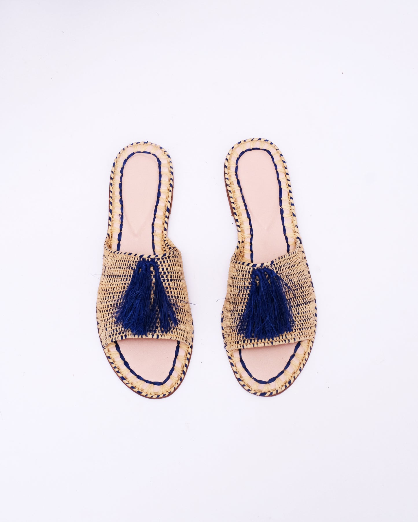 Women’s Raffia Slides with Blue Tassel – Handmade in Morocco