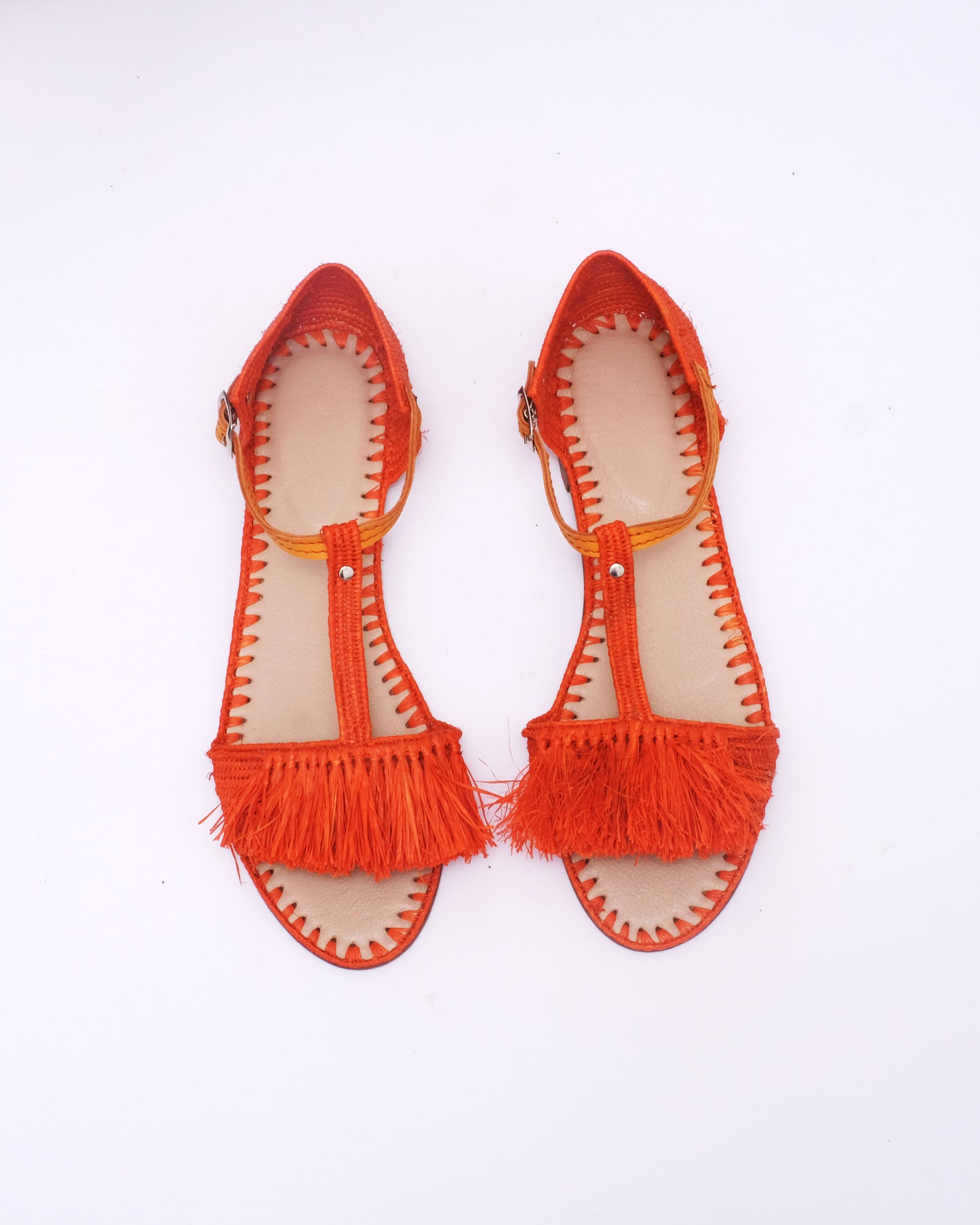 Women’s Orange Raffia Sandals – Handmade Fringe Design