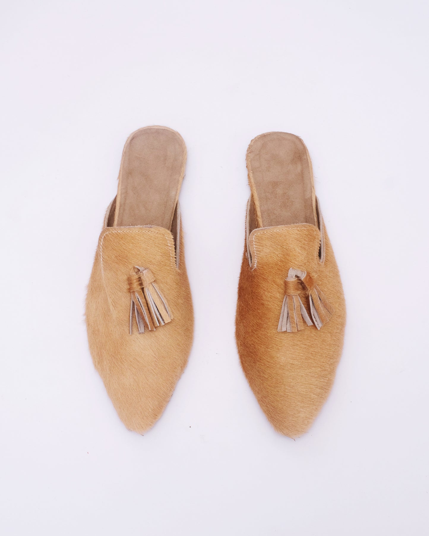 Hair-On Leather Tassel Mules – Handmade Moroccan Pointed Flats