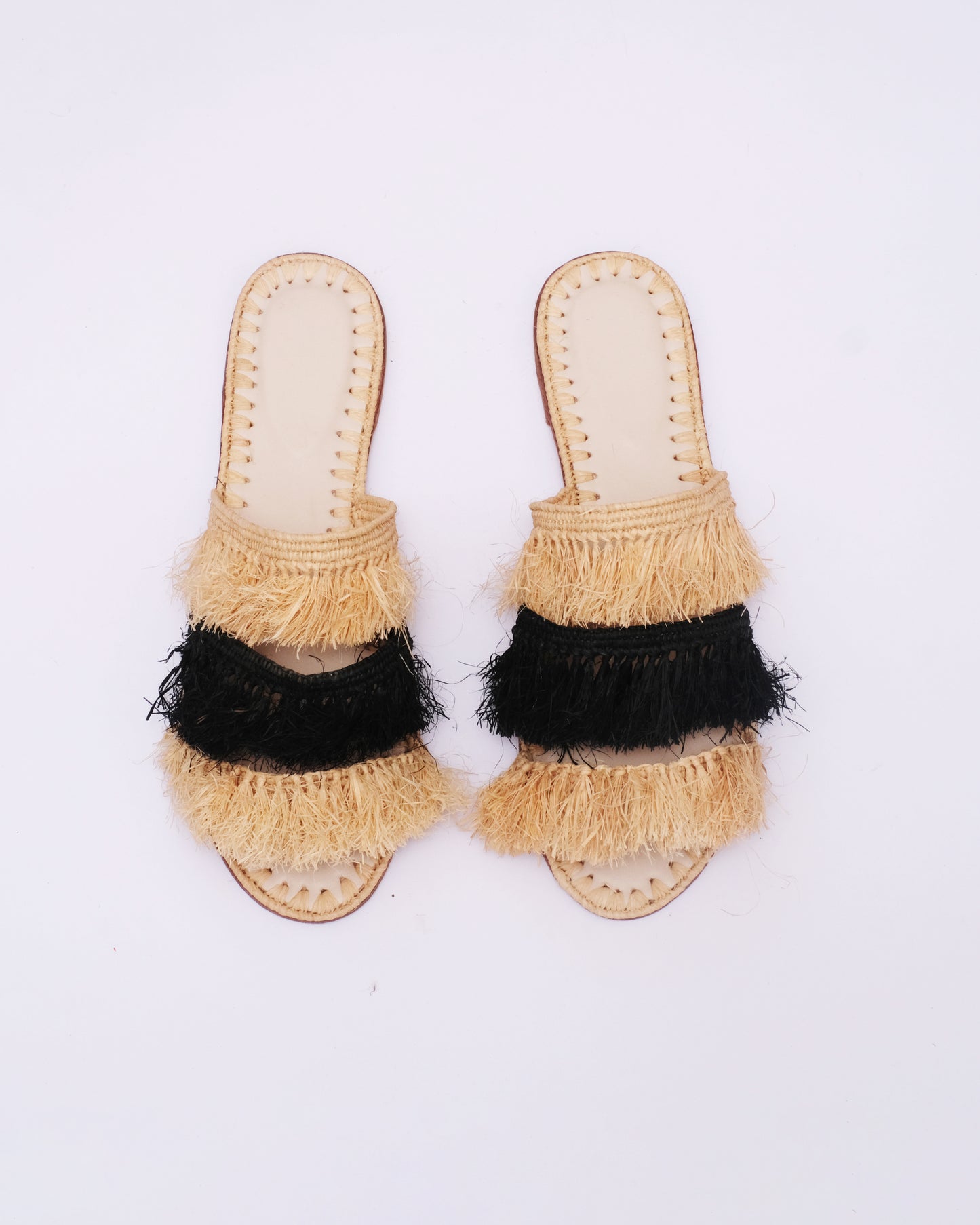 Natural & Black Raffia Fringe Slides – Handmade Moroccan Sandals